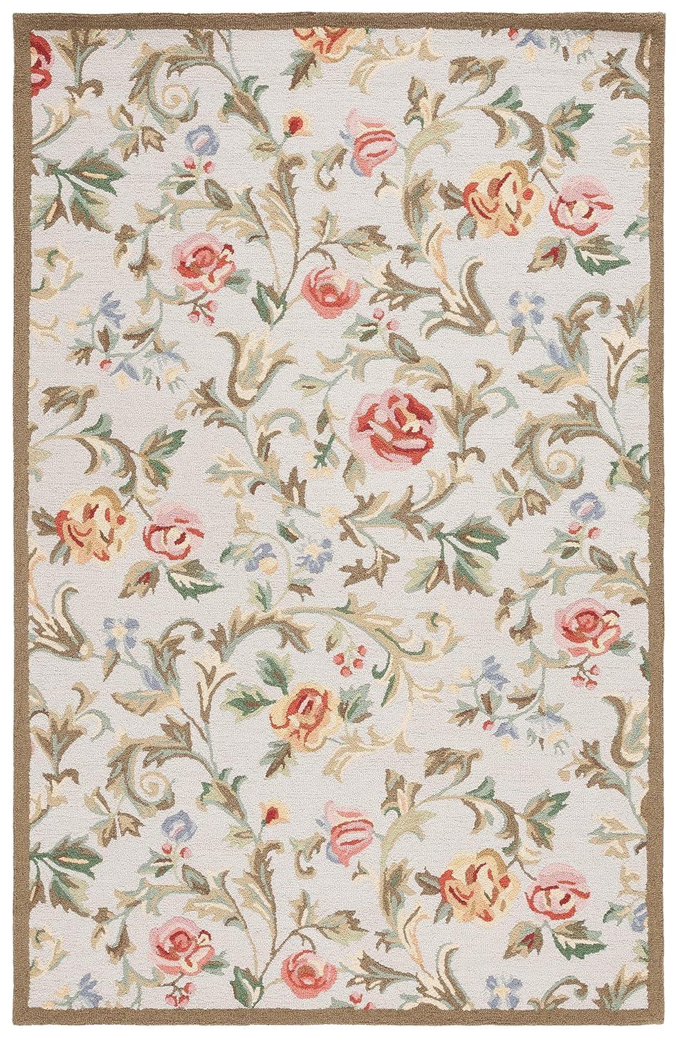 Handmade Ivory and Sage Floral Wool Rectangular Rug