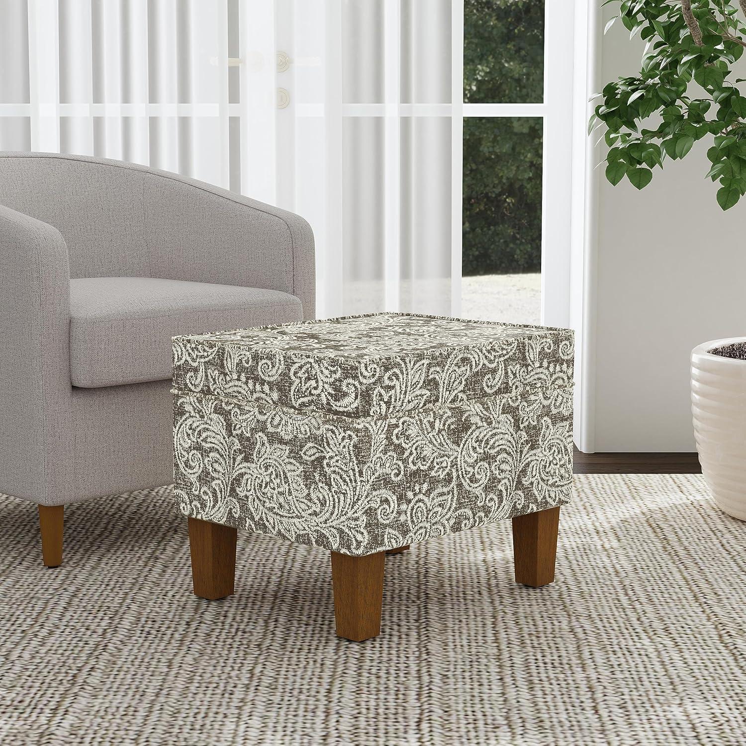 HomePop Medium Storage Ottoman Brown : Upholstered Footstool, Floral Pattern, Hardwood Frame