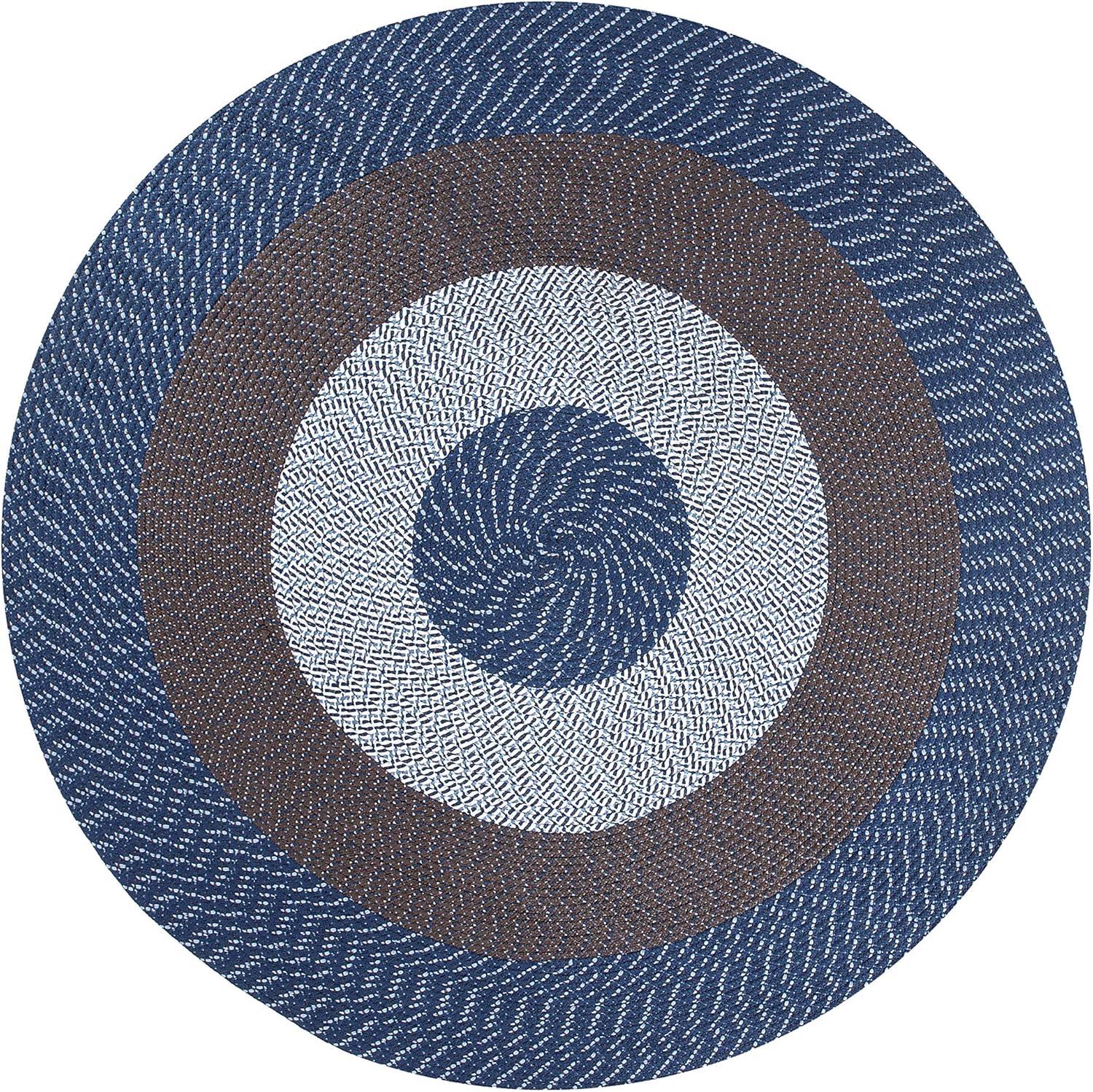 Chambray Stripe Reversible Blue and Brown Braided Round Rug