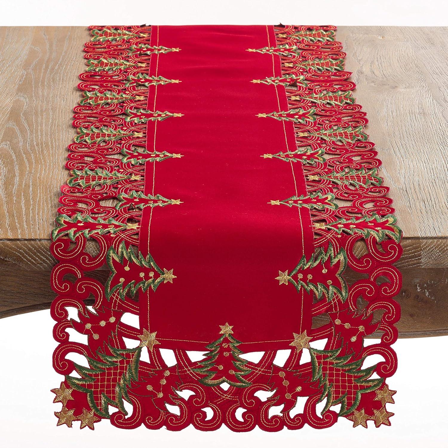 Fennco Styles Pandoro Collection Holiday Embroidered Christmas Tree Cutwork Border 16 X 108 Inch Table Runner - Red Table Runner For Christmas Dinner, Family Gathering, Special Events And Home Décor