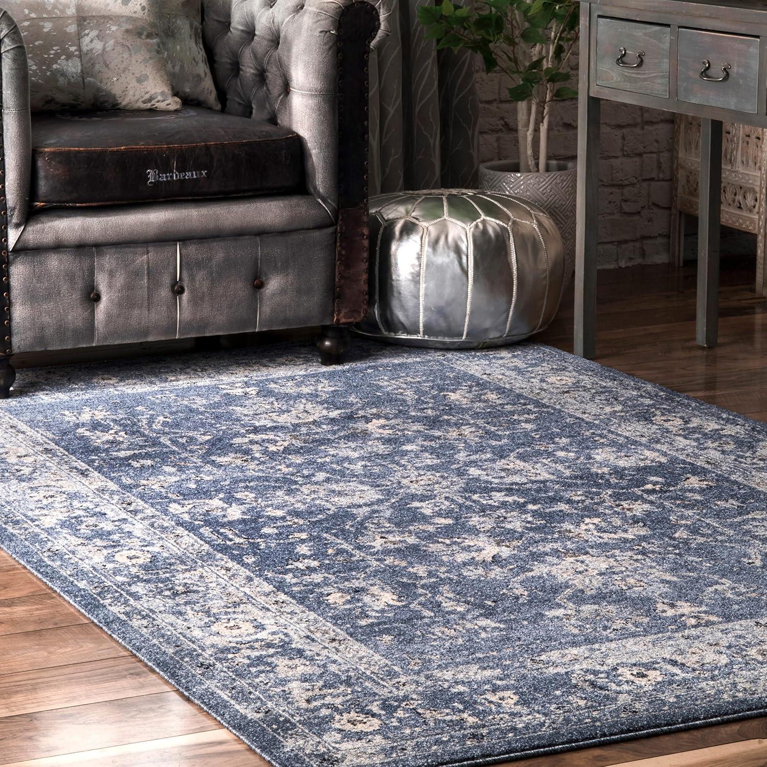 Blue Distressed Floral Synthetic 4' x 6' Area Rug