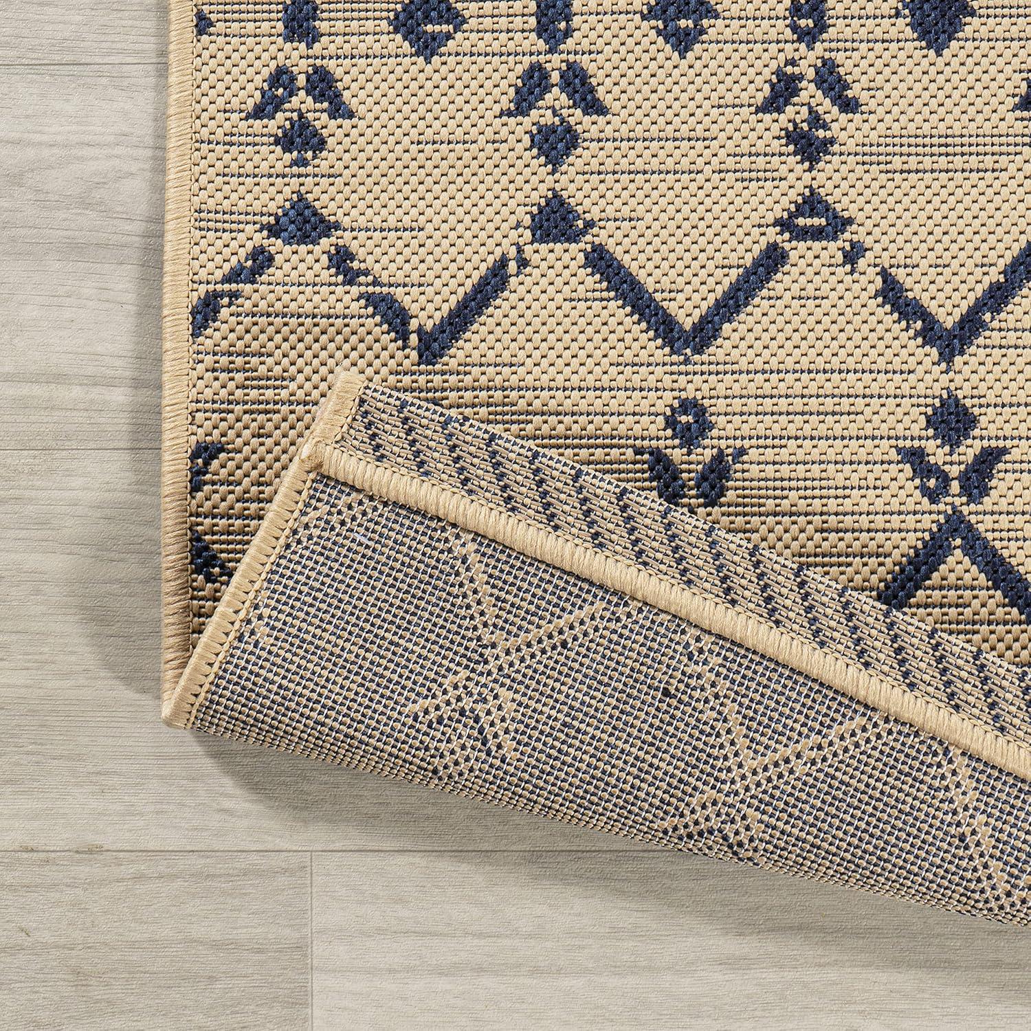 5' x 5' Ourika Moroccan Geometric Textured Weave Indoor/Outdoor Area Rug, Beige/Navy - JONATHAN Y
