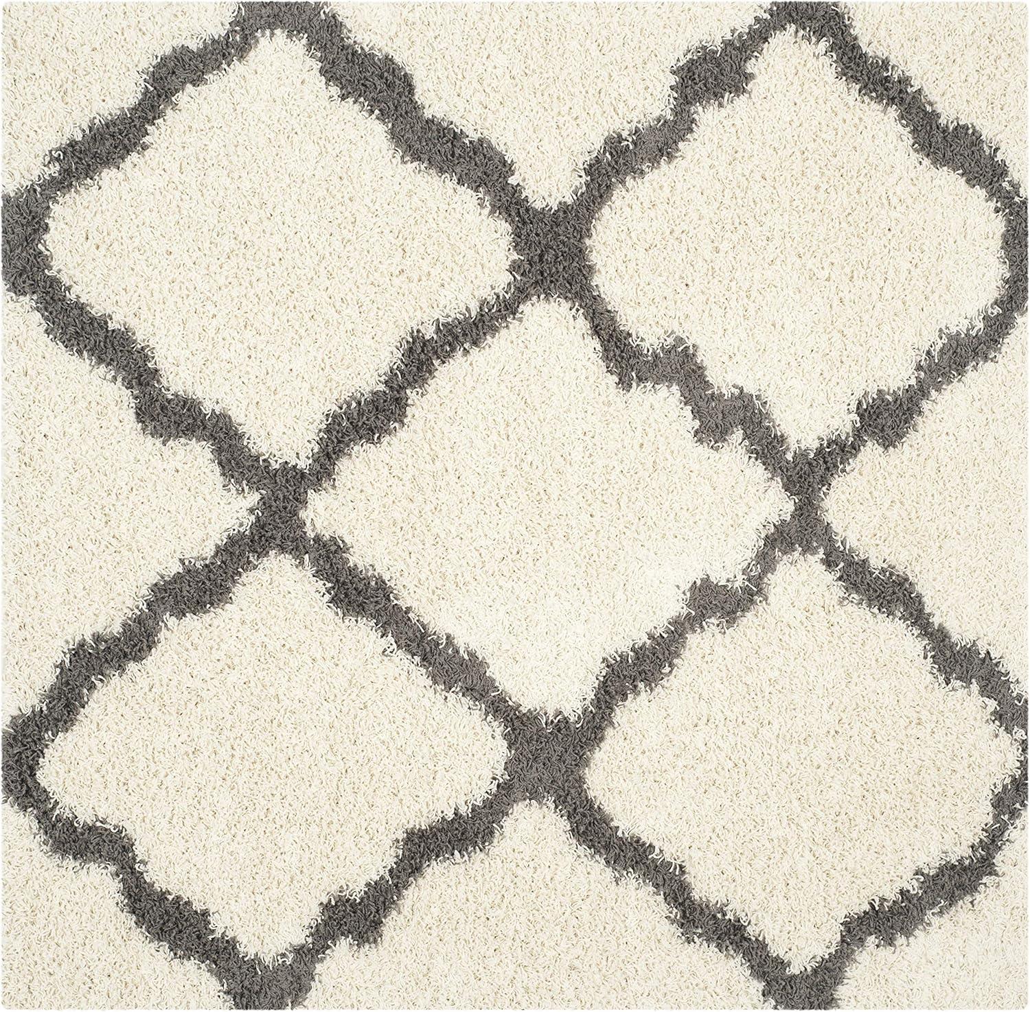 Ivory and Dark Grey Trellis Square Shag Rug, 4' x 4', Synthetic Easy Care