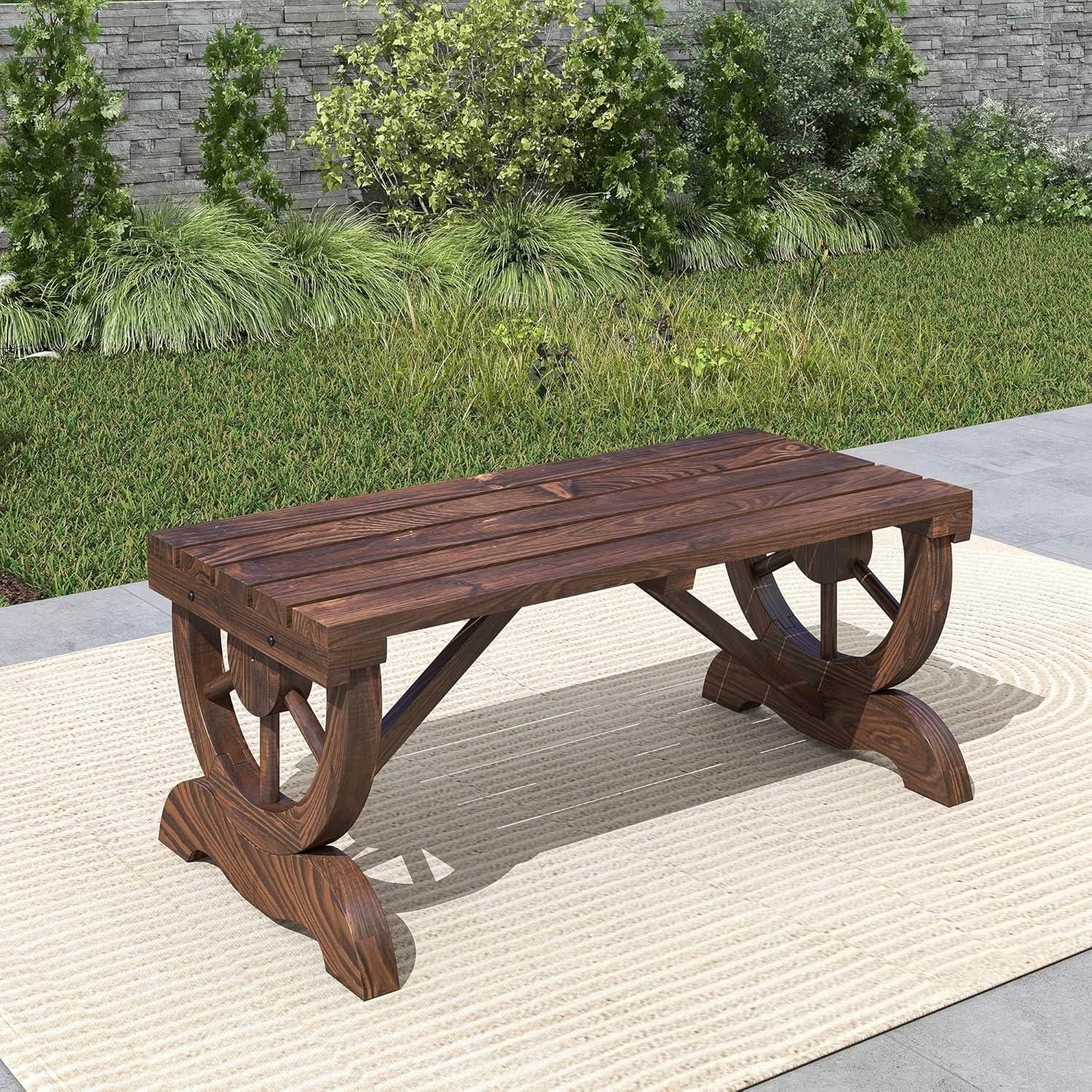 Outsunny 2-Person Wooden Garden Bench, Outdoor Wagon Wheel Porch Bench for Backyard Garden, Support 550 LBS, Rustic Country Style, Brown