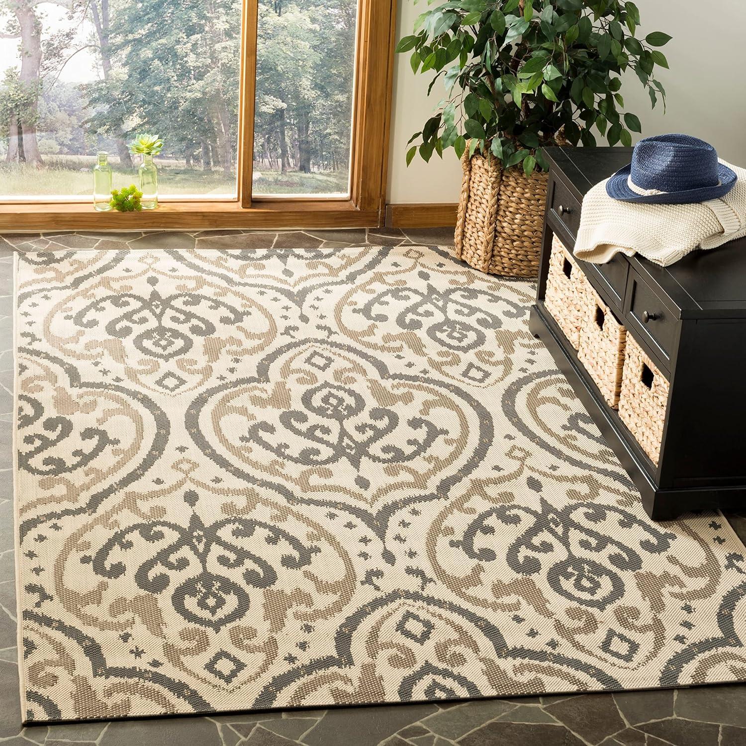 Taupe and Greige Damask Rectangular Outdoor Area Rug