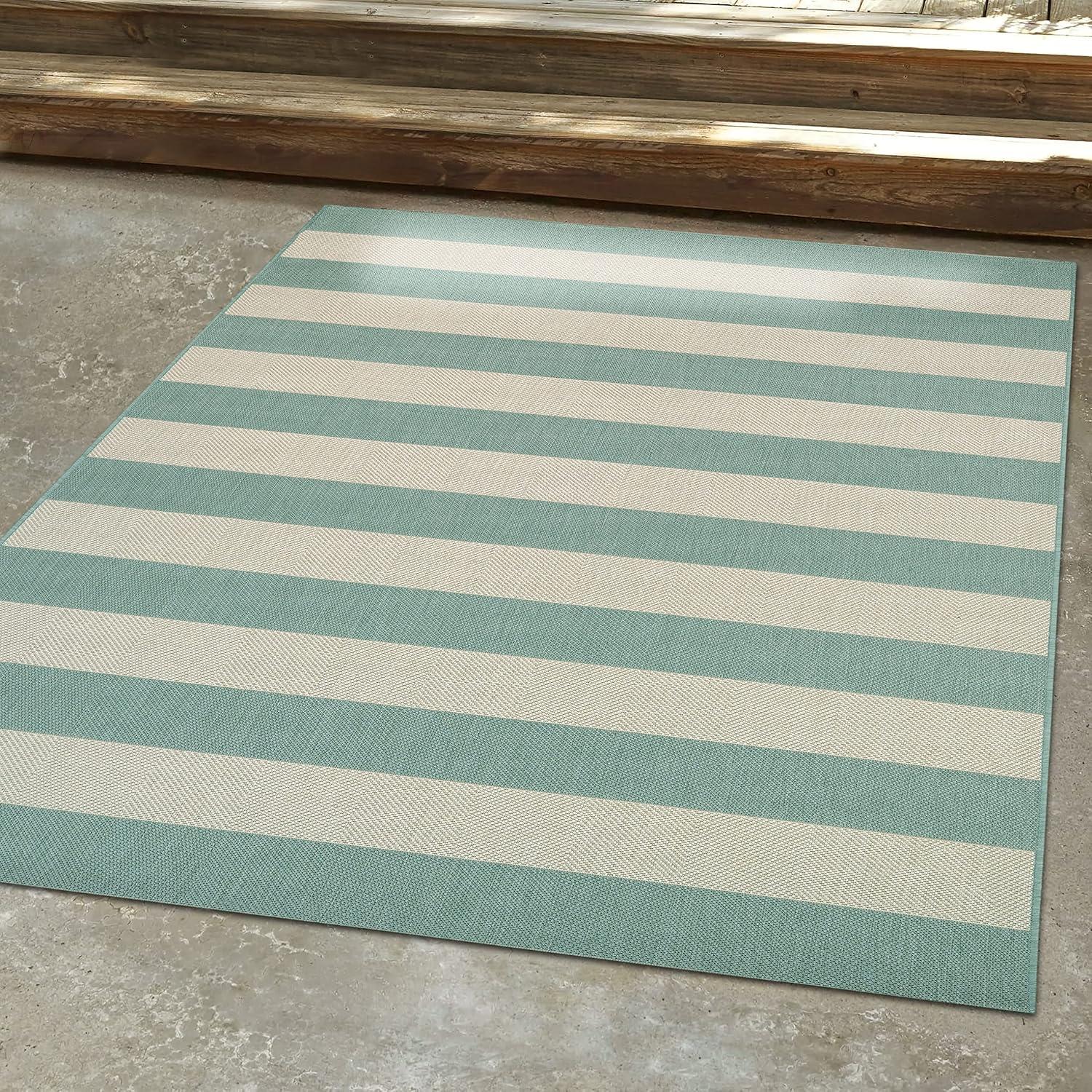 Couristan Afuera Yacht Club 5'3" x 7'6" Sea Mist Green and Ivory Stripe Outdoor Rectangle Rug
