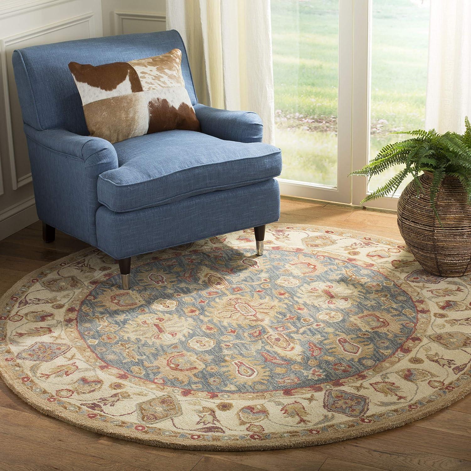 Handcrafted Tufted Wool Round Rug in Blue & Ivory, 6' Diameter