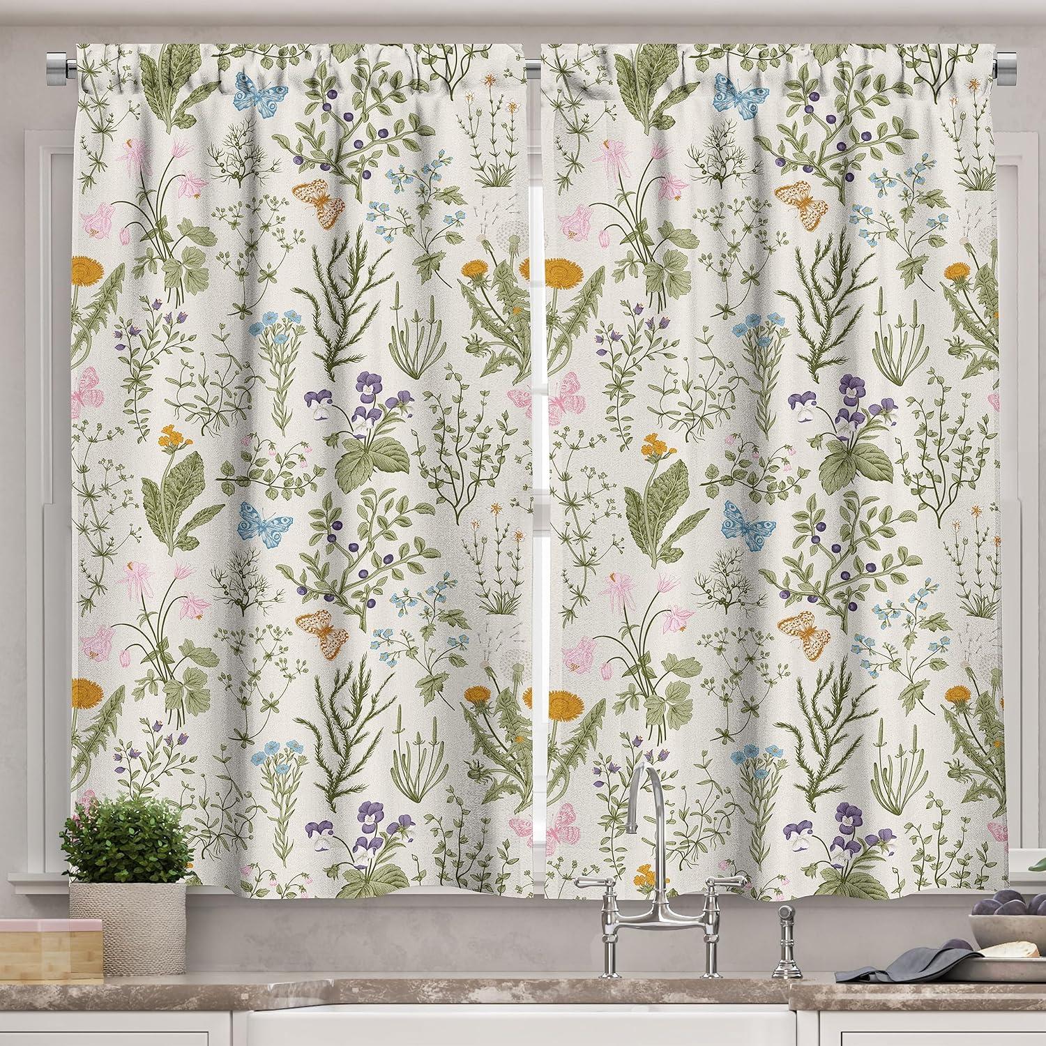 Ambesonne Floral Kitchen Curtains, Vintage Garden Plants, 55"x39", Reseda Green Beige