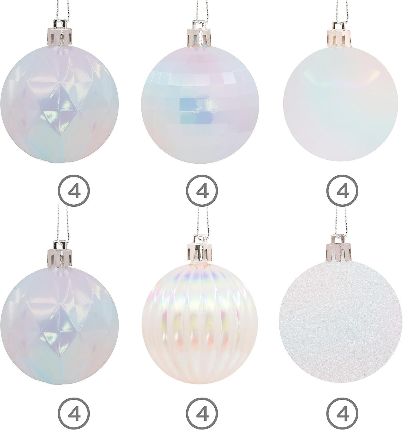 Iridescent White Shatterproof Christmas Ornament Set, 24-Piece