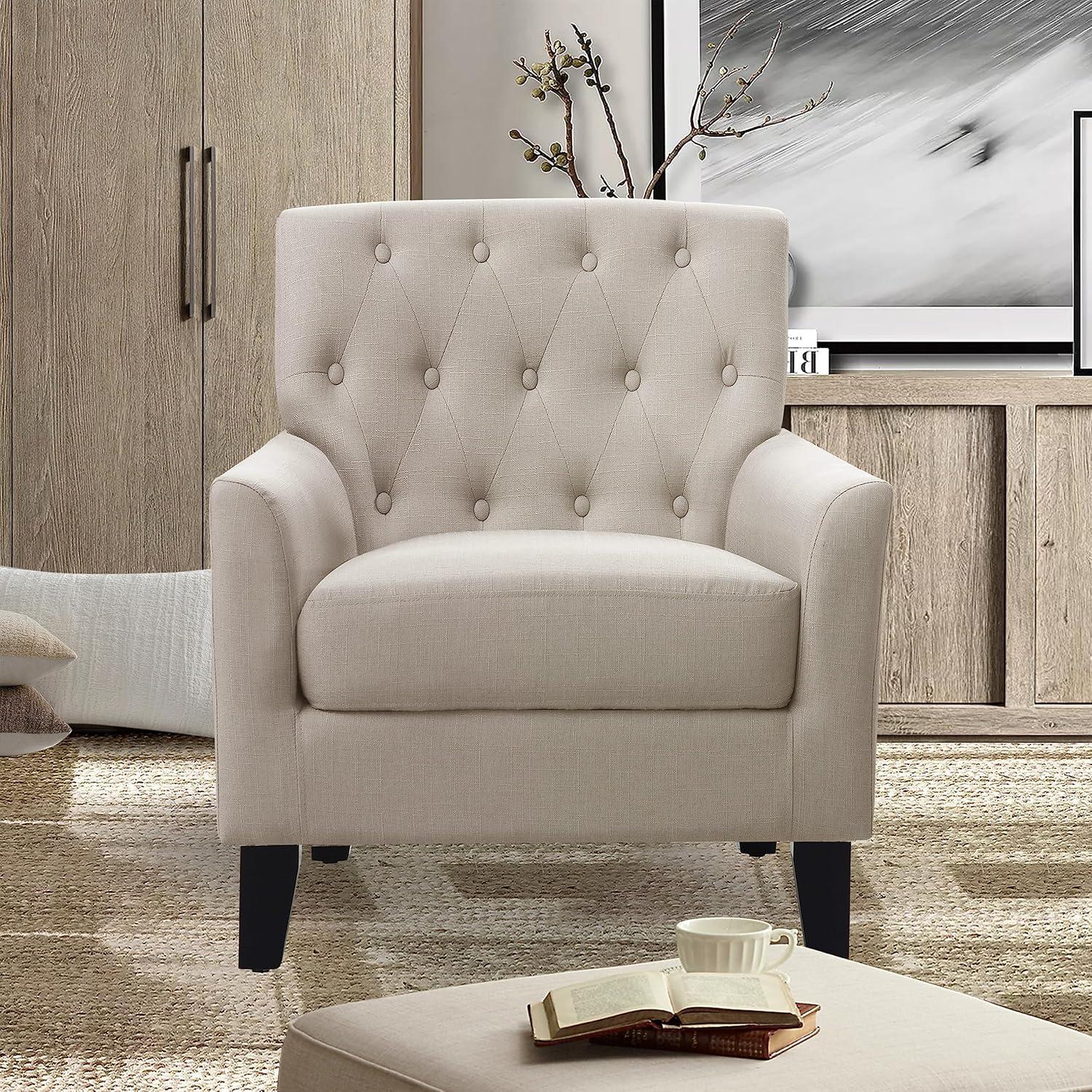 Beige Tufted Back Standard Wood Accent Chair