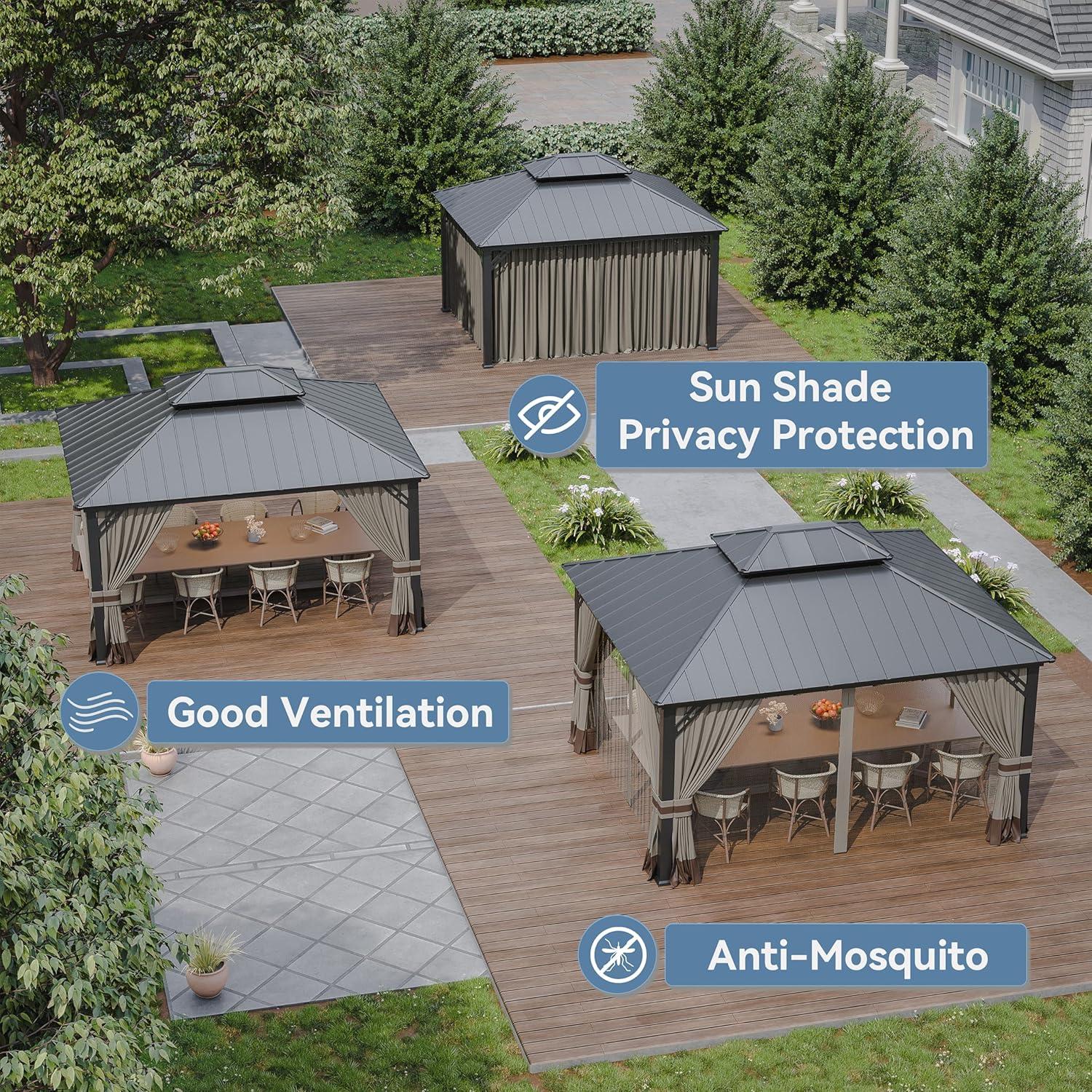 10 ft. x 12 ft. Brown Hardtop Wall Mounted Gazebo with Sloping Pitched Roof and Curtain Sand