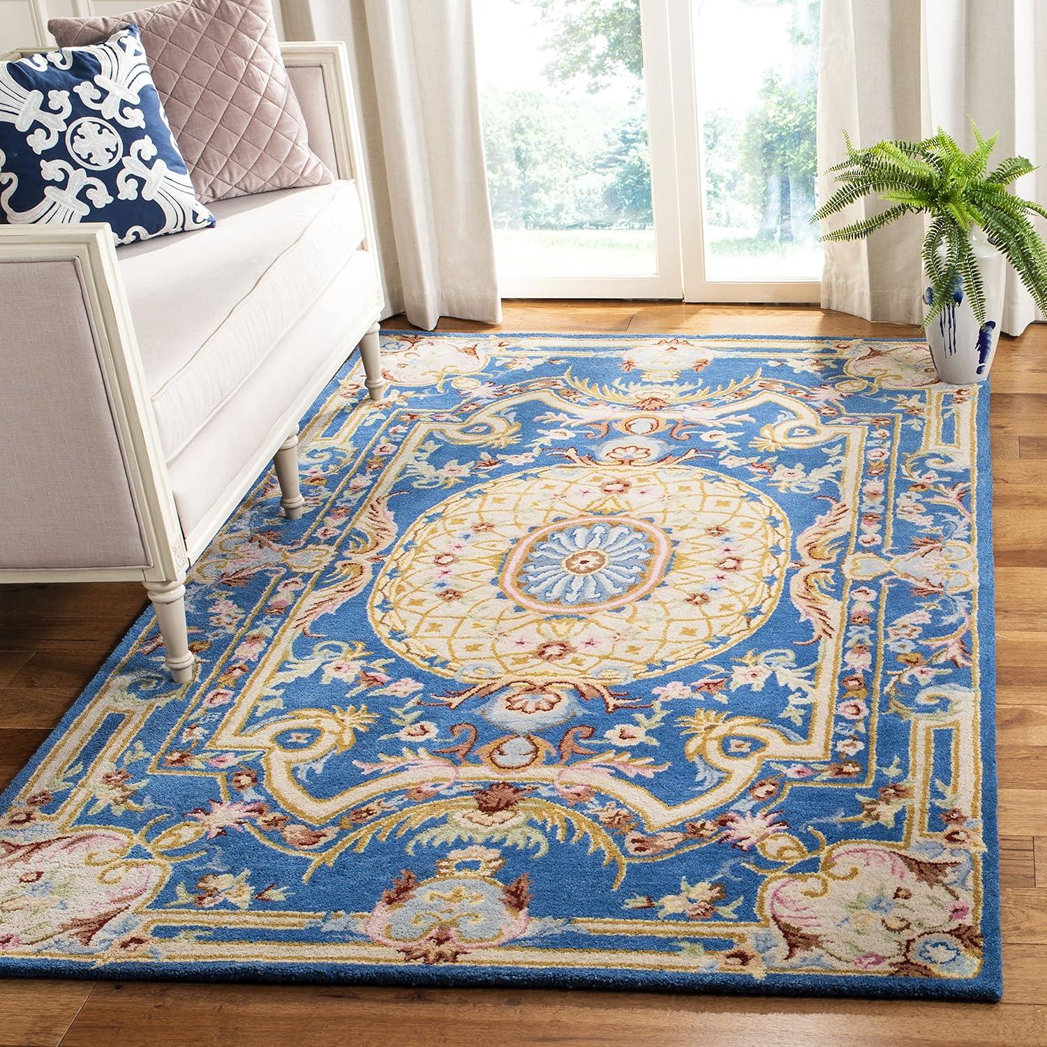 Handmade Blue and Ivory Floral Wool 8' x 10' Area Rug