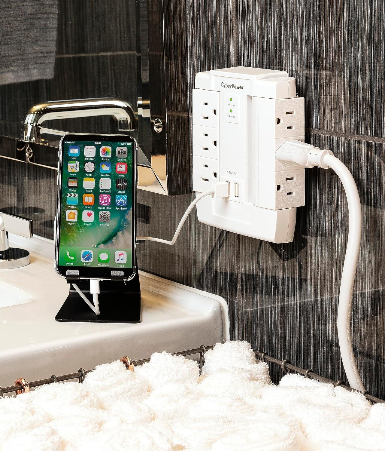 CyberPower CSP600WSURC2 6-Outlet Swivel Professional Surge Protector Wall Tap With 2 USB Ports