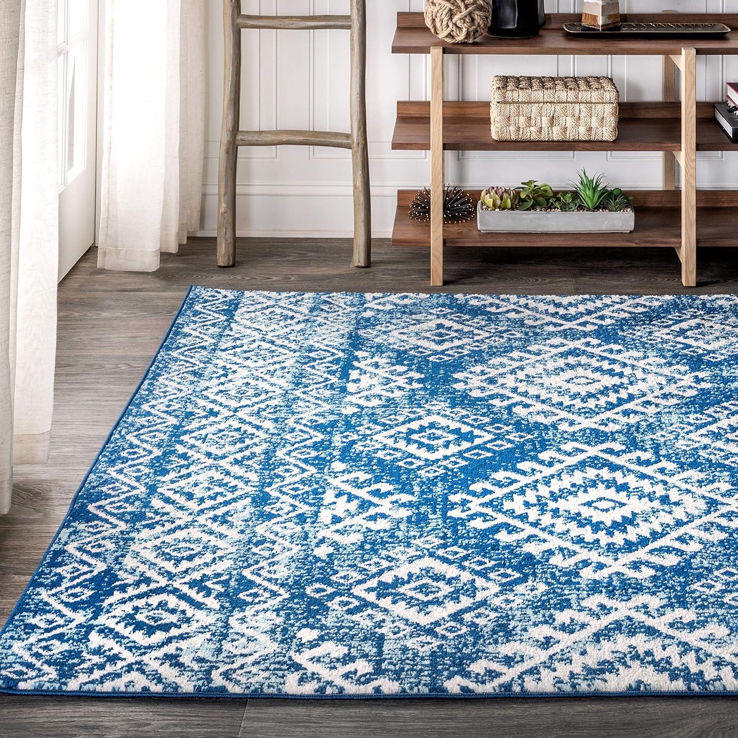 Blue and White 4' x 6' Synthetic Moroccan Area Rug