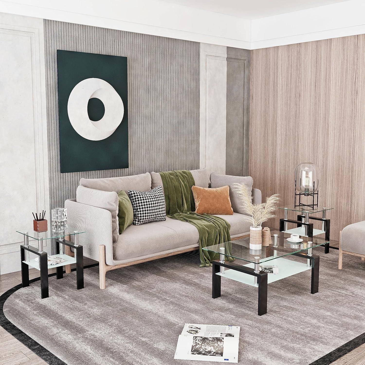 Glass Coffee Table Set of 3 Piece, Living Room Table Set of 3, Black Coffee Table and End Coffee Table Sets, Metal Frame (Black C, Set of 3)