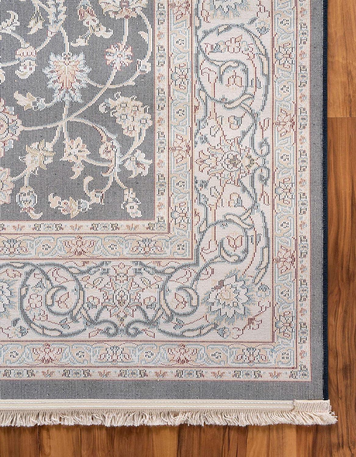 Navy Blue and Beige Floral Synthetic 8x10 Area Rug