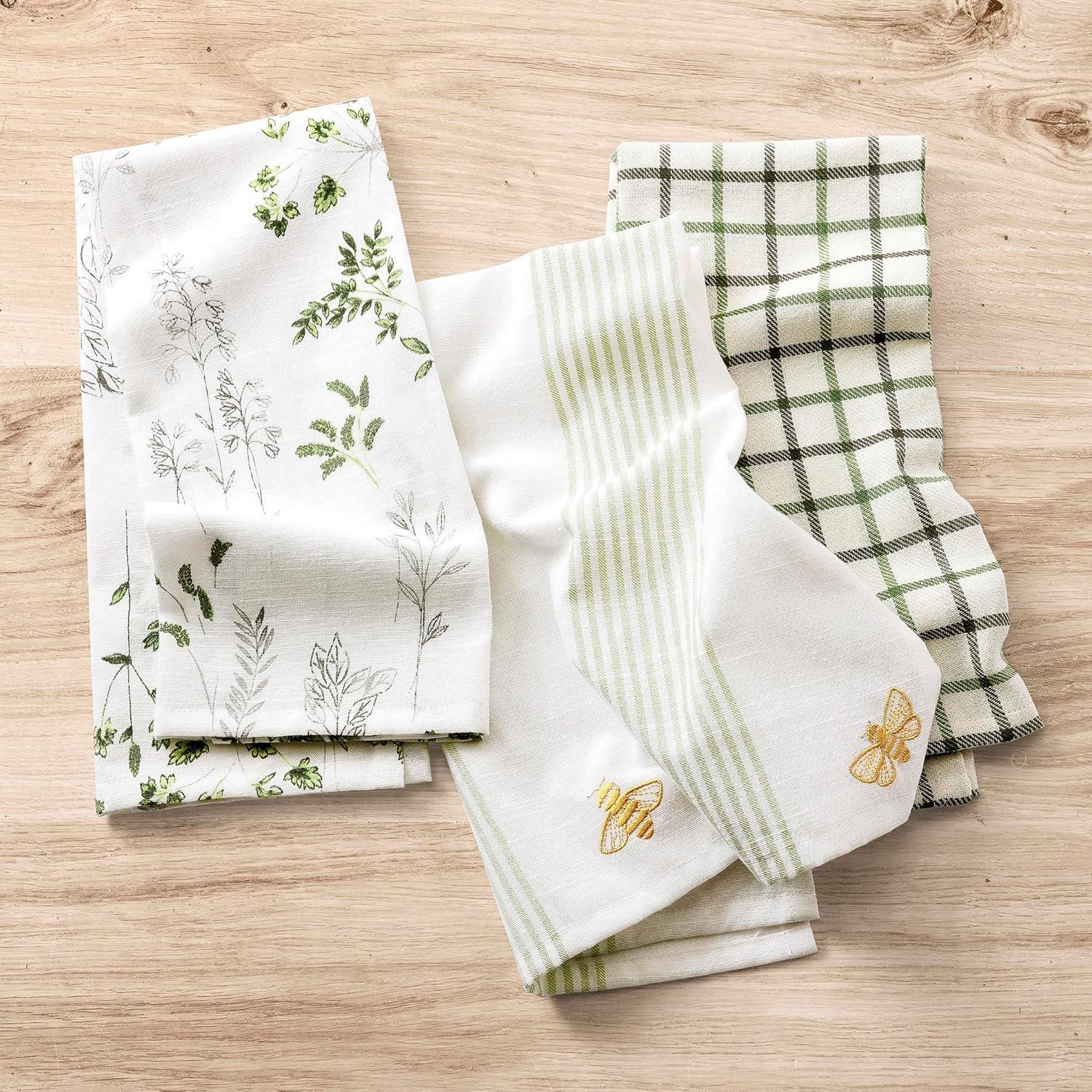 Sage Green Cotton Botanical and Bees Hand Towel Set