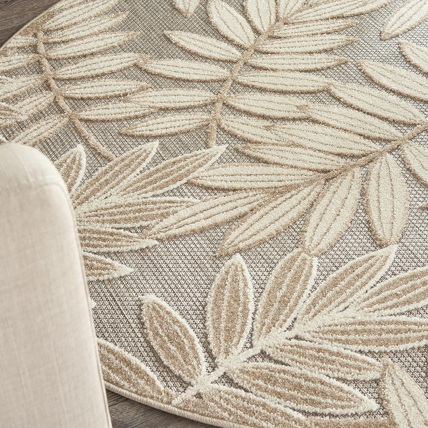 Nourison Aloha Floral Leaf Flatweave High-Low Indoor Outdoor Round Rug Natural 5'3" x 5'3"