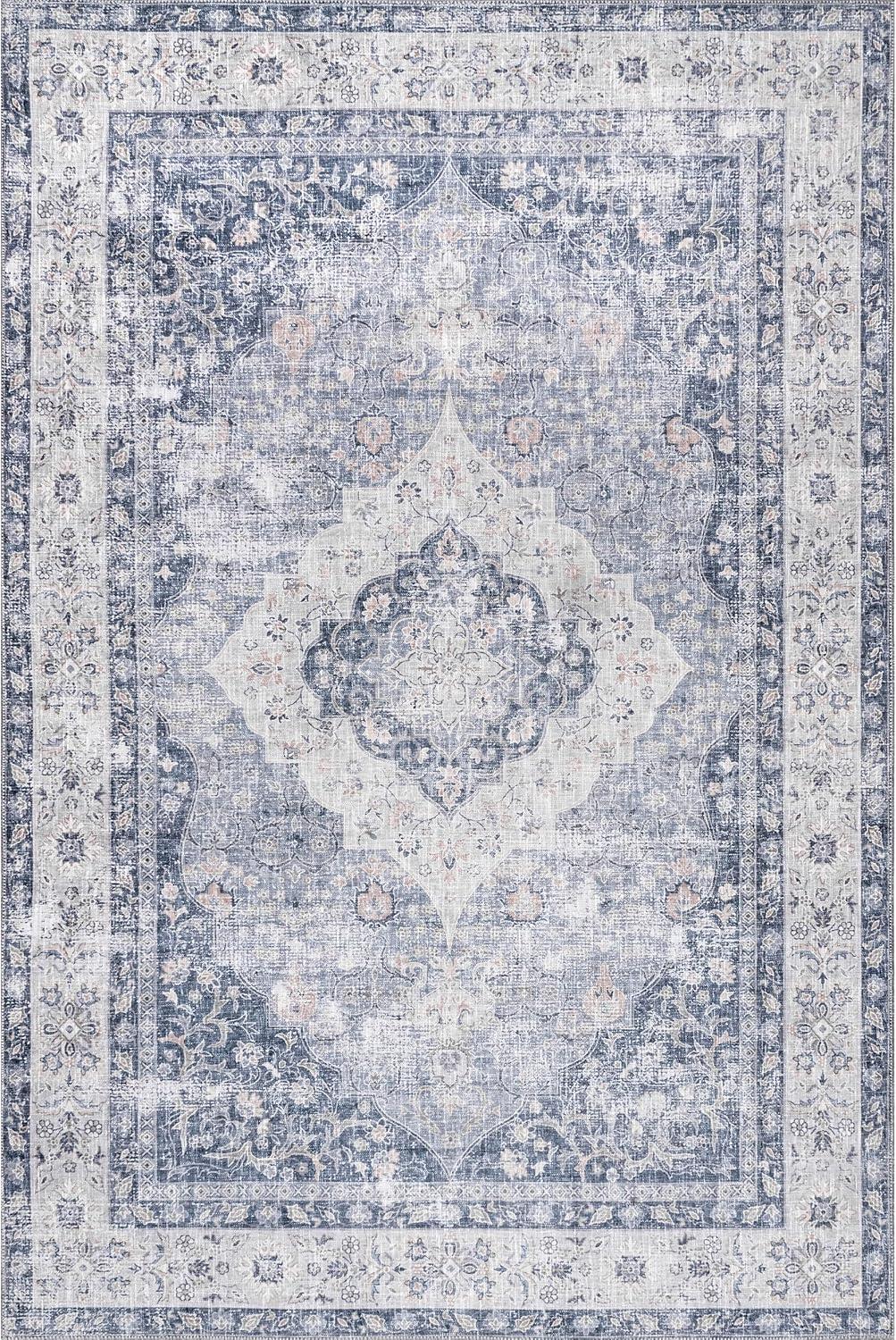Nuloom Elsa Medallion 4x6 Machine Washable Indoor Area Rug for Living Room Bedroom Dining Room Kitchen, Blue/Ivory