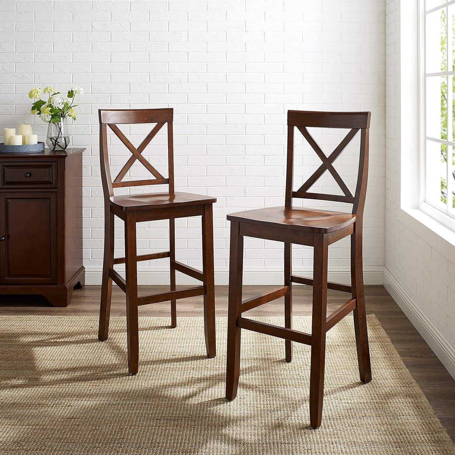 Crosley Set of 2 30" X-Back Barstools Mahogany: Traditional Farmhouse Design, Rubberwood Frame, Footrest