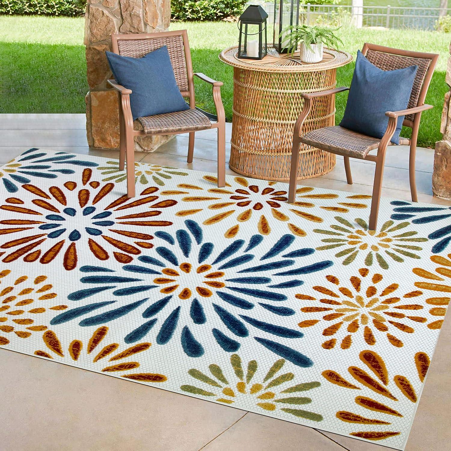 Blue and Gold Floral Indoor Outdoor Area Rug 4'x6'