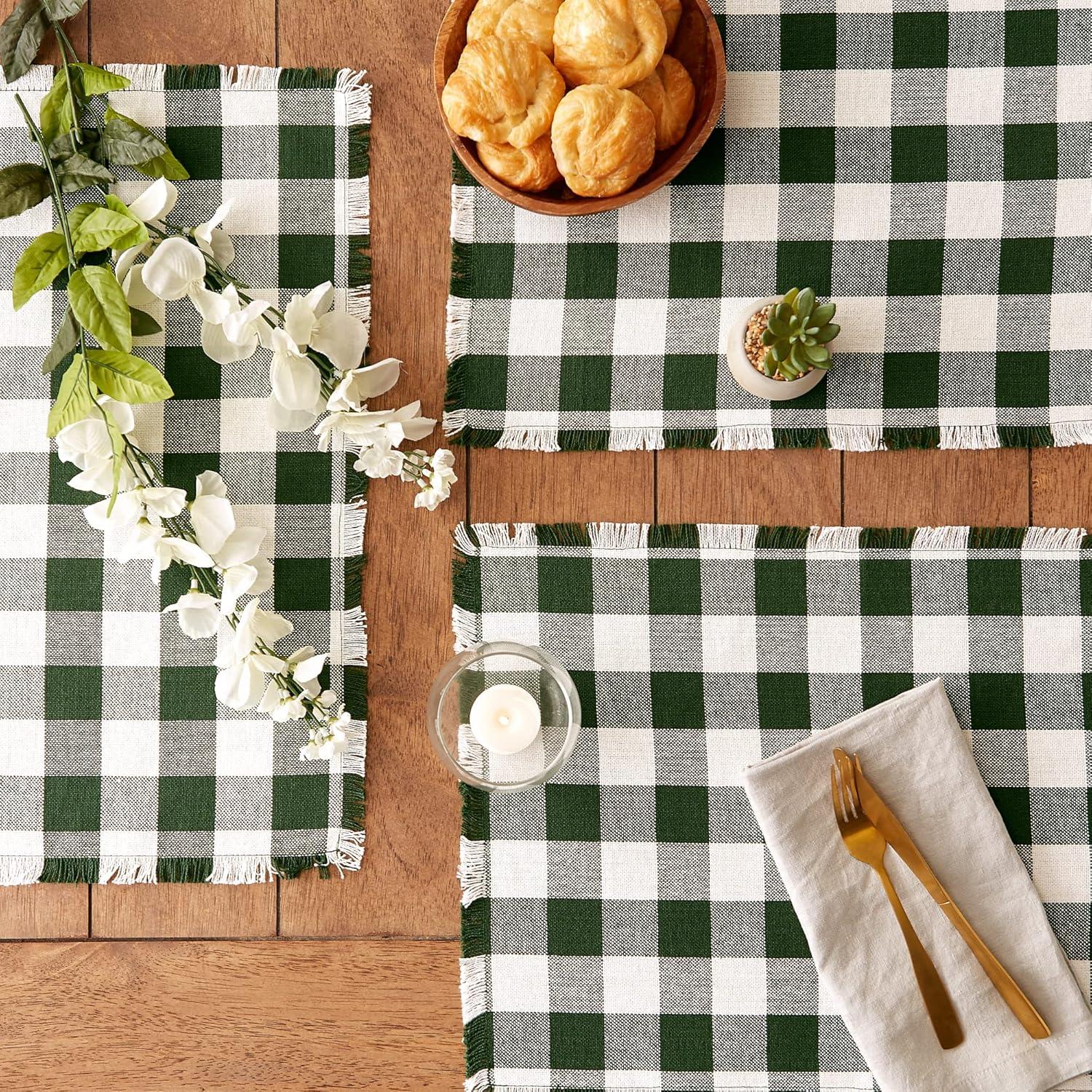 Hunter Green and White Cotton Checkered Fringed Placemats, Set of 6