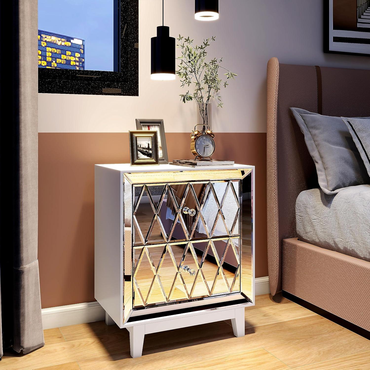 Silver Mirrored 2-Drawer Nightstand with Crystal Handles