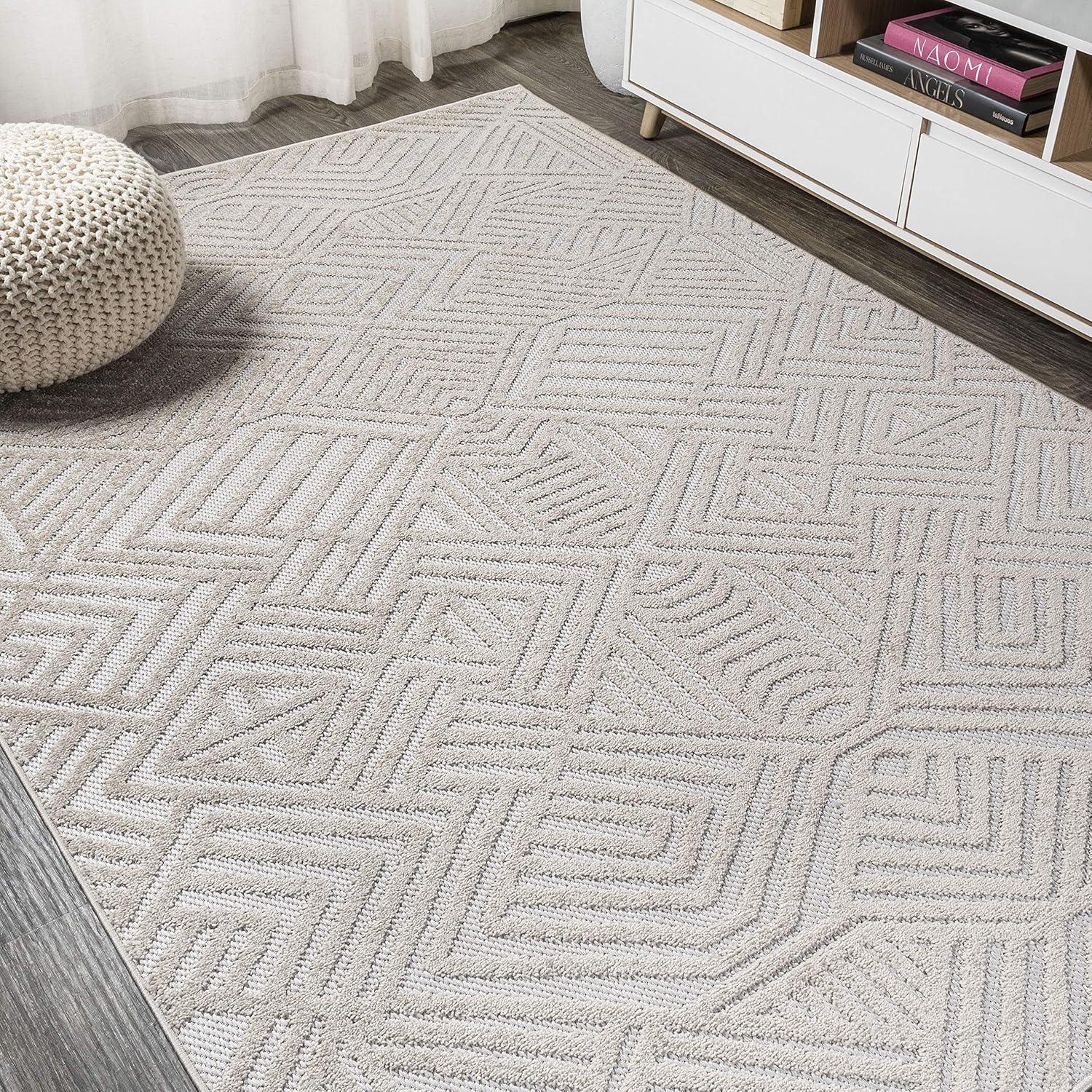 5'x8' Jordan High-Low Pile Art Deco Geometric Indoor/Outdoor Area Rug, Beige - JONATHAN Y