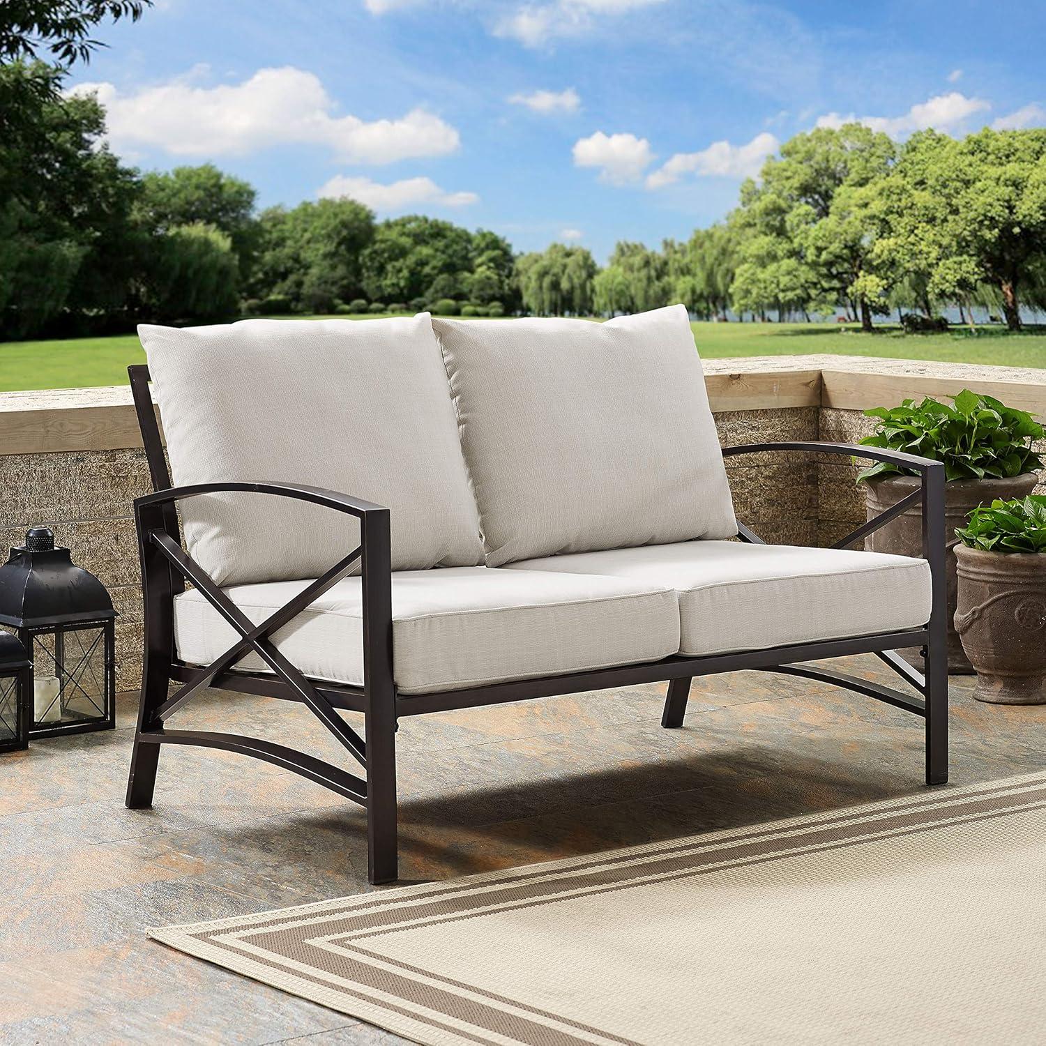 Oatmeal and Bronze Metal Outdoor Loveseat with Cushions