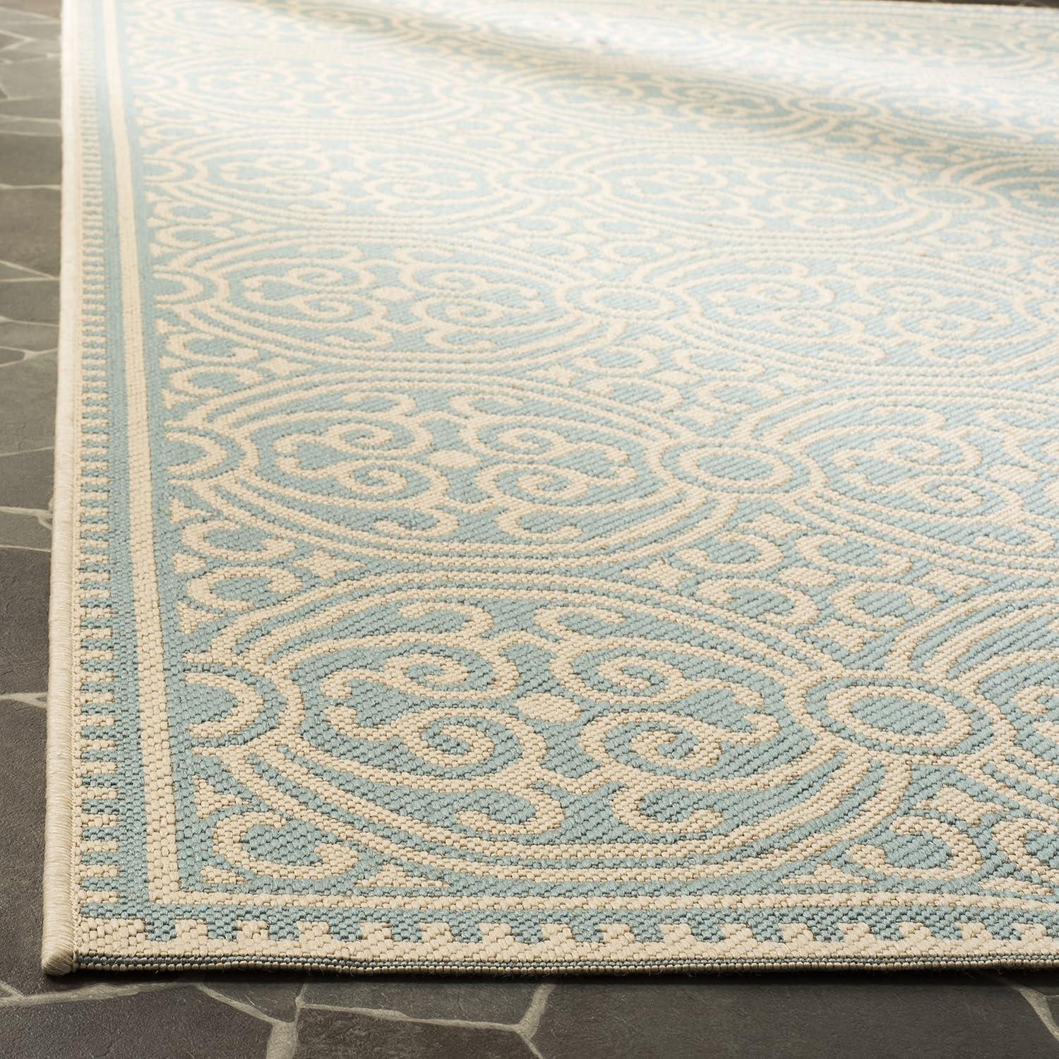 Aqua and Cream Geometric Flat Woven Synthetic Rug, 5' x 7'