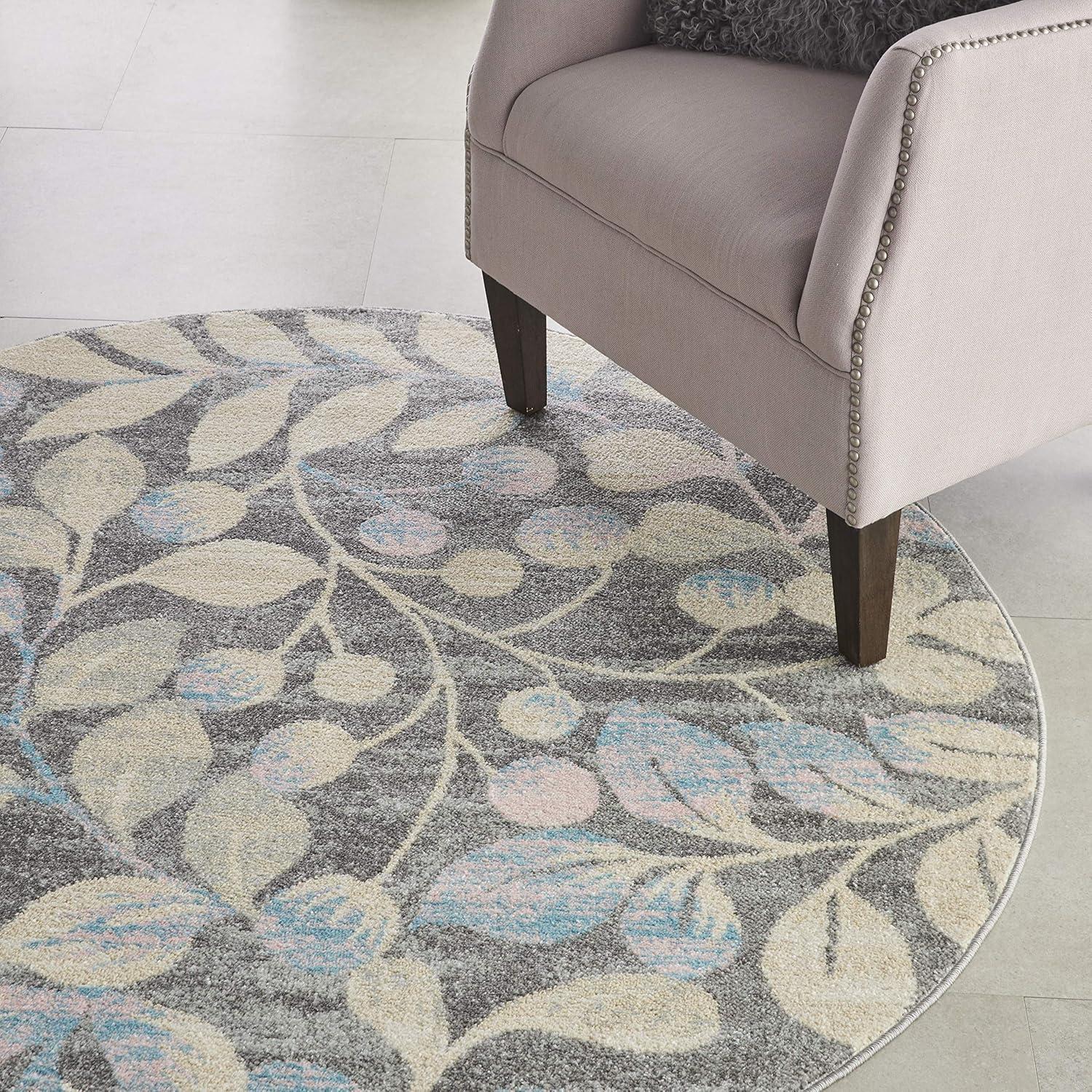 Nourison Tranquil 5'3" X ROUND (5' Round) Grey/Beige Area Rug Contemporary Botanical Vine and Bloom by Nourison