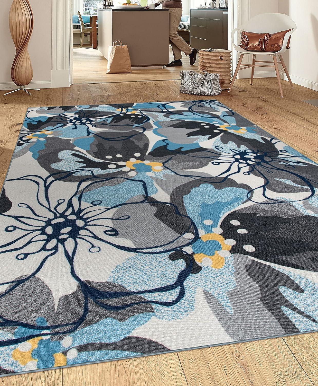 World Rug Gallery  Modern Floral Non-Slip Area Rug Ivory, Blue, Grey 6'6"x9' Pet Friendly, Stain Resistant, Non Slip 6' x 9', 7' x 9' Indoor Living