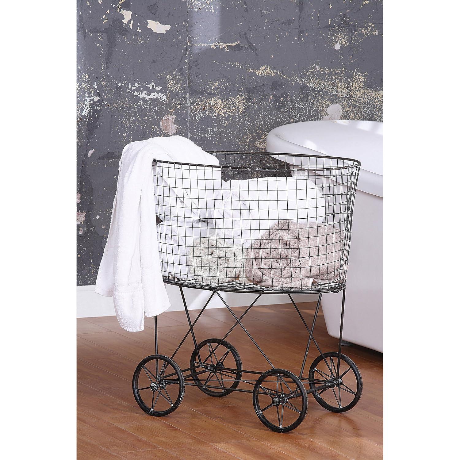 Metal Vintage Laundry Basket with Wheels - Storied Home: Garment Storage, Multipurpose Basket
