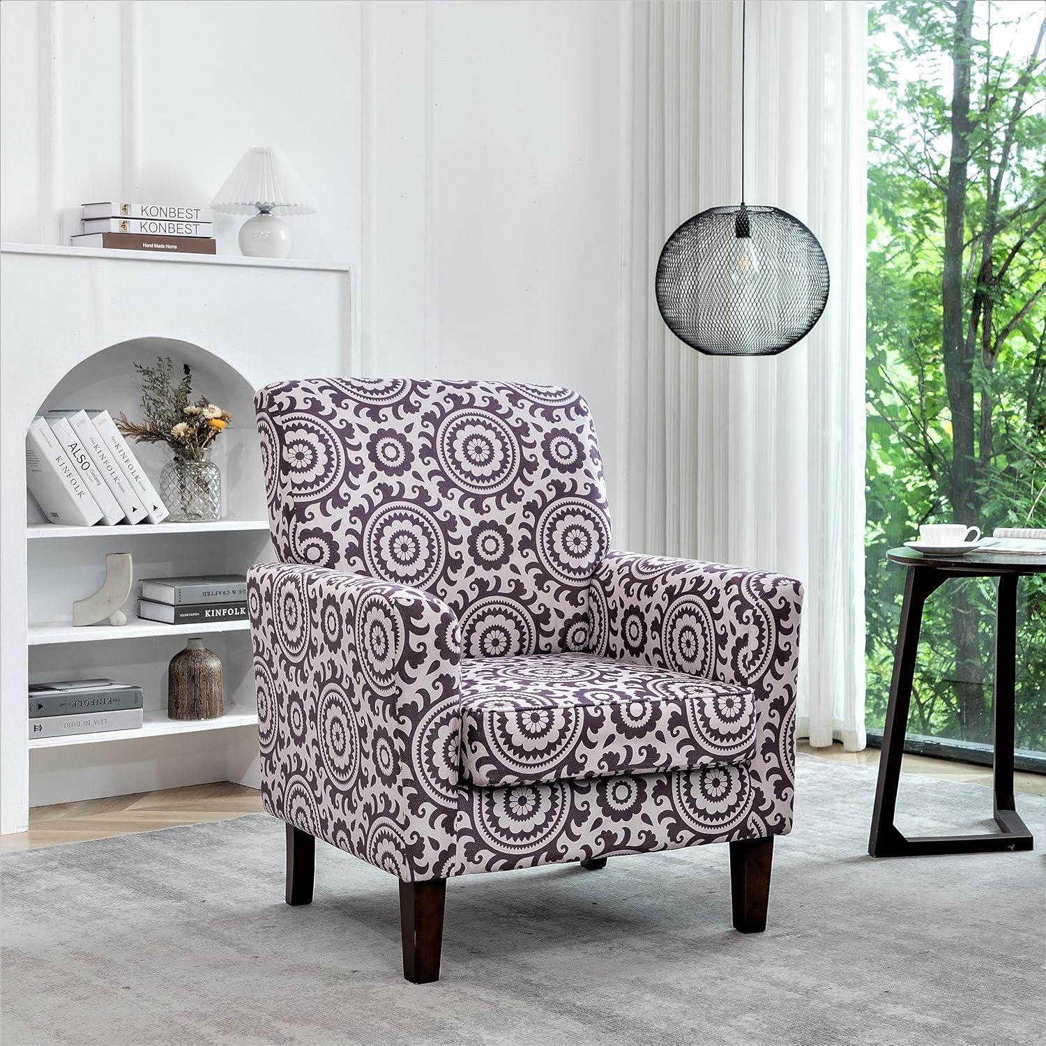Contemporary Accent Arm Chair with Birch Wood Frame and Velvet Upholstery, Armchair for Office and Living Room Decor, Removable Cushions, 01 Printed Fabric