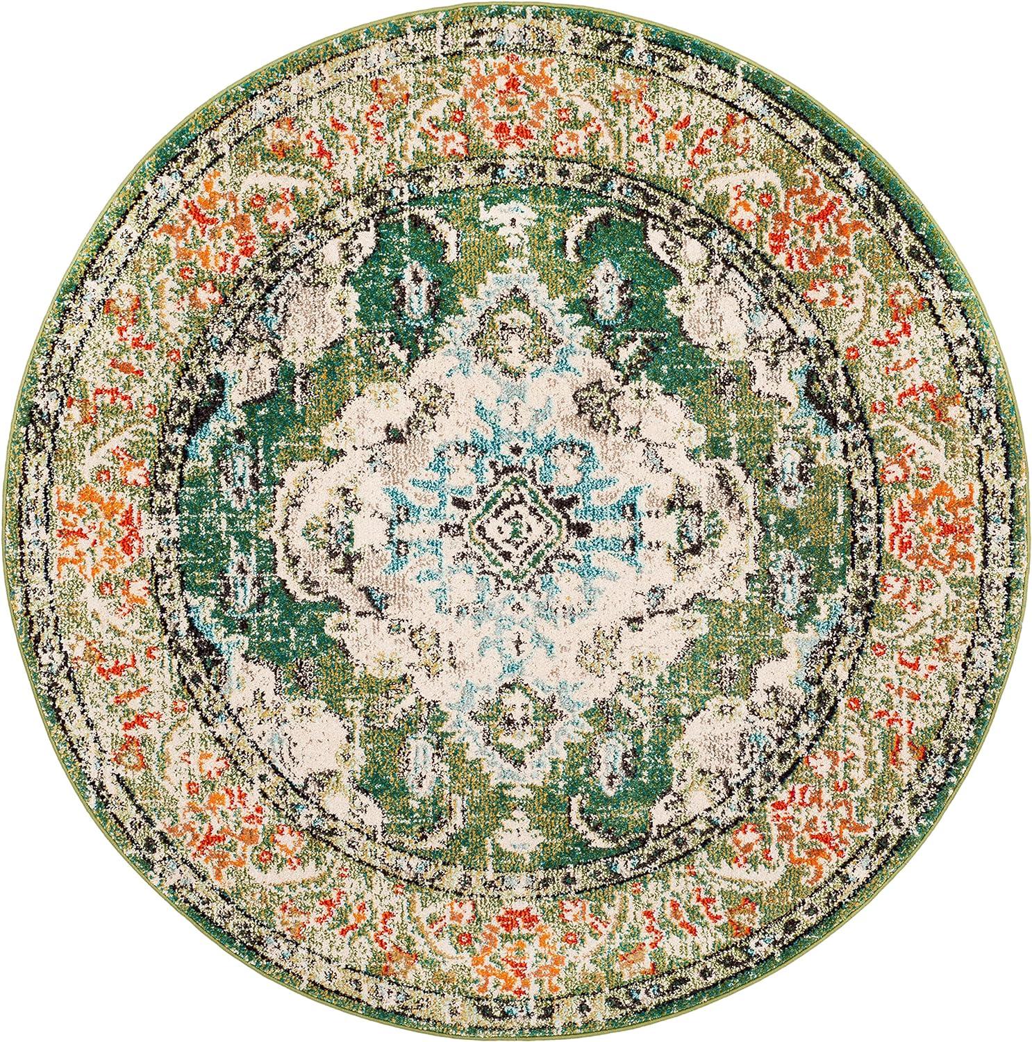 SAFAVIEH Monaco Toria Traditional Area Rug, Forest Green/Light Blue, 9' X 9' Round