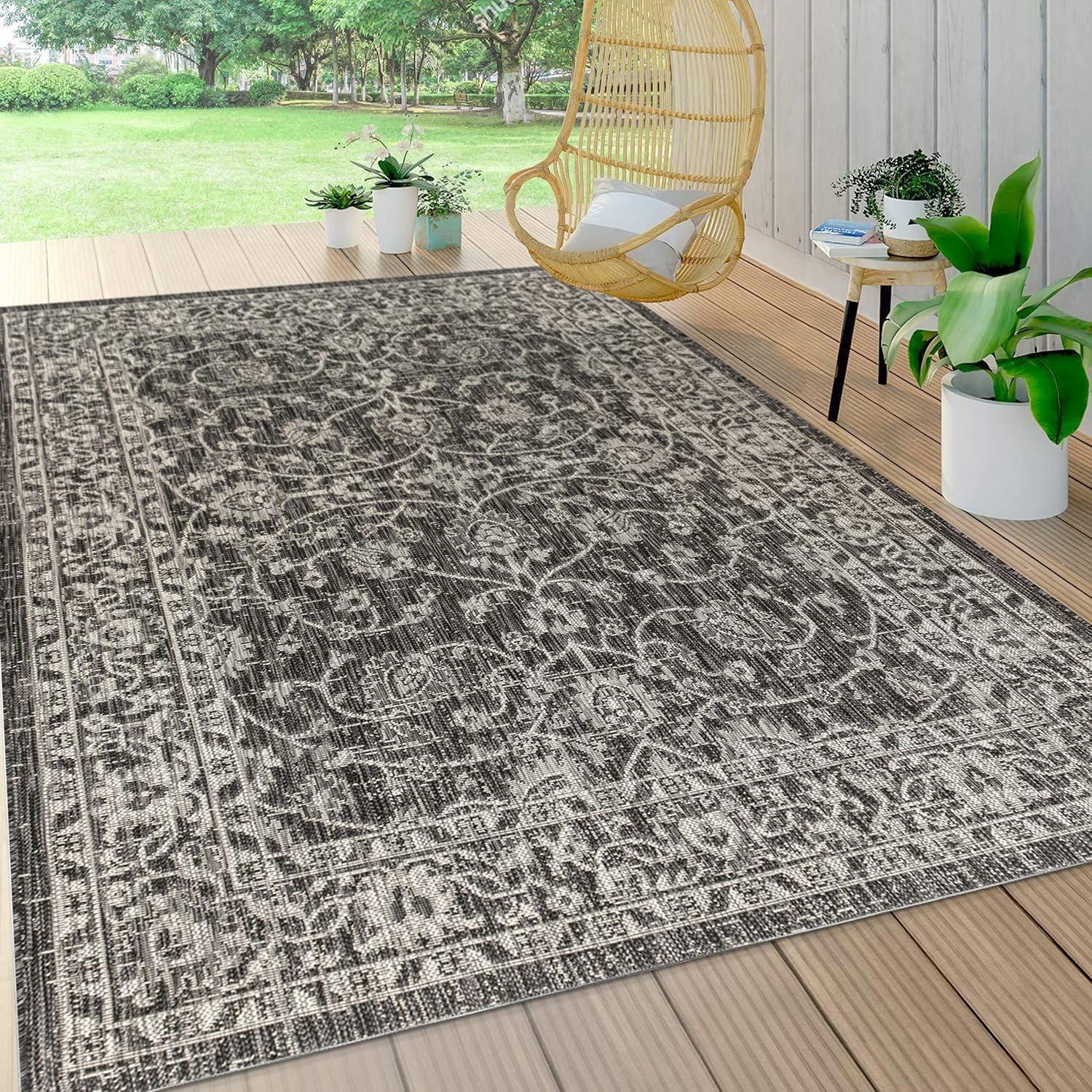 3'x5' Palazzo Vine and Border Textured Weave Indoor/Outdoor Area Rug, Black/Gray - JONATHAN Y