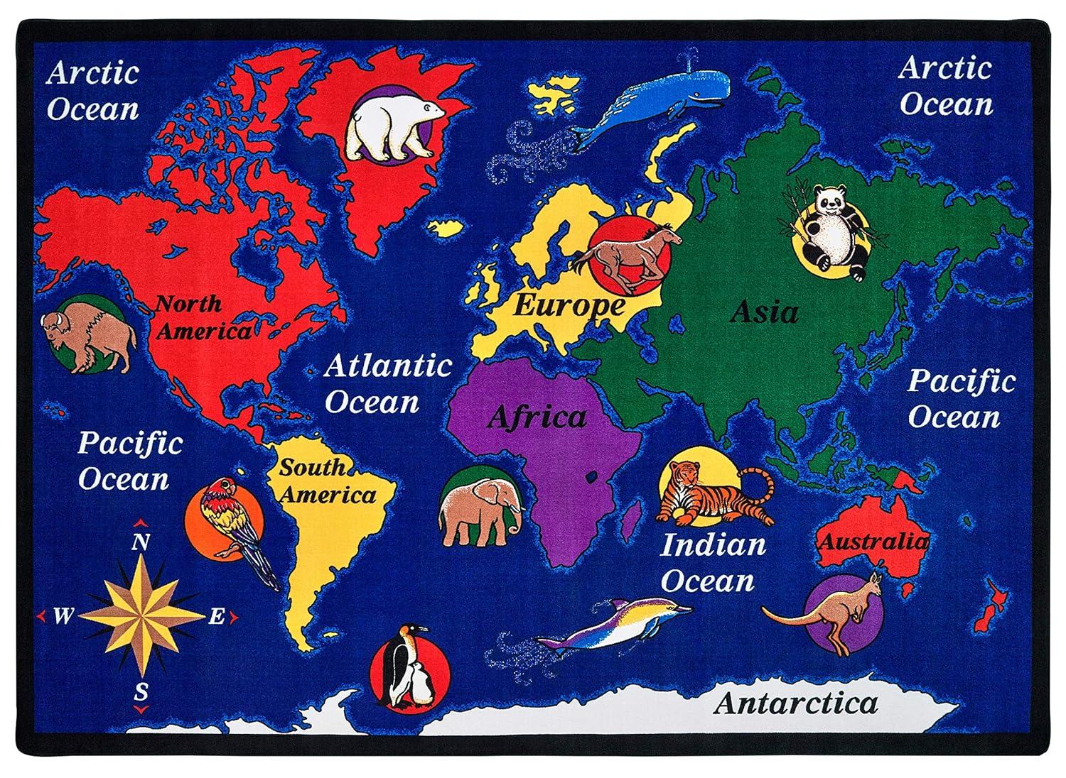 Carpets for Kids World Explorer Geography Map Premium Tufted Blue Area Rug