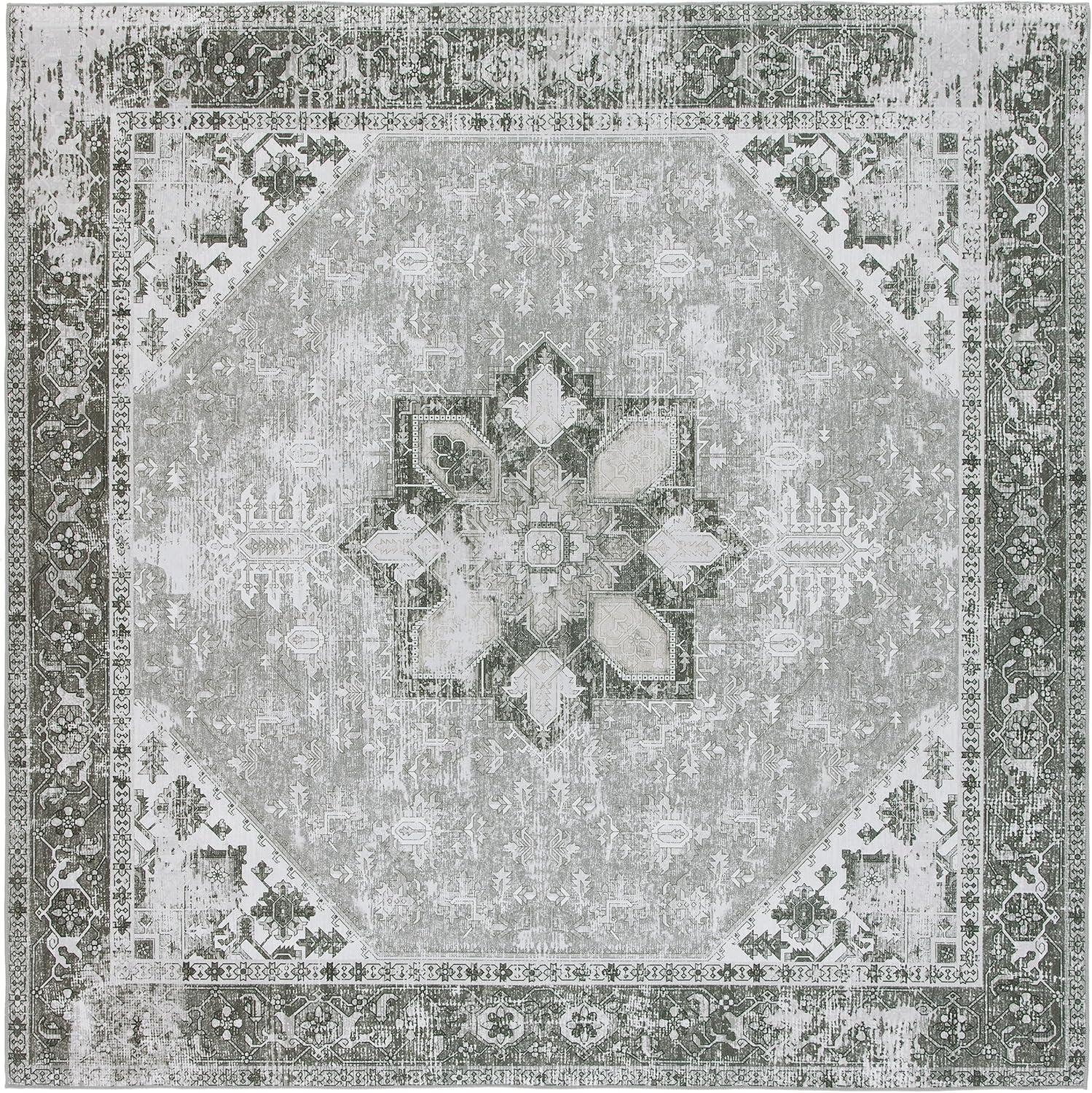 SAFAVIEH Tucson Jayla Traditional Machine Washable Area Rug, 5' x 5' Square, Grey/Ivory