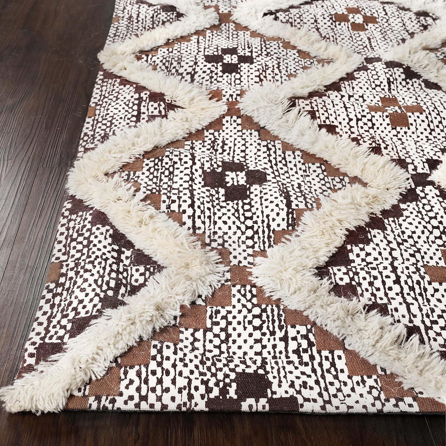 Superior Evren Hand-Tufted Cotton/Wool Textured Geometric Tan/Chocolate Farmhouse Area Rug, 6' x 9'
