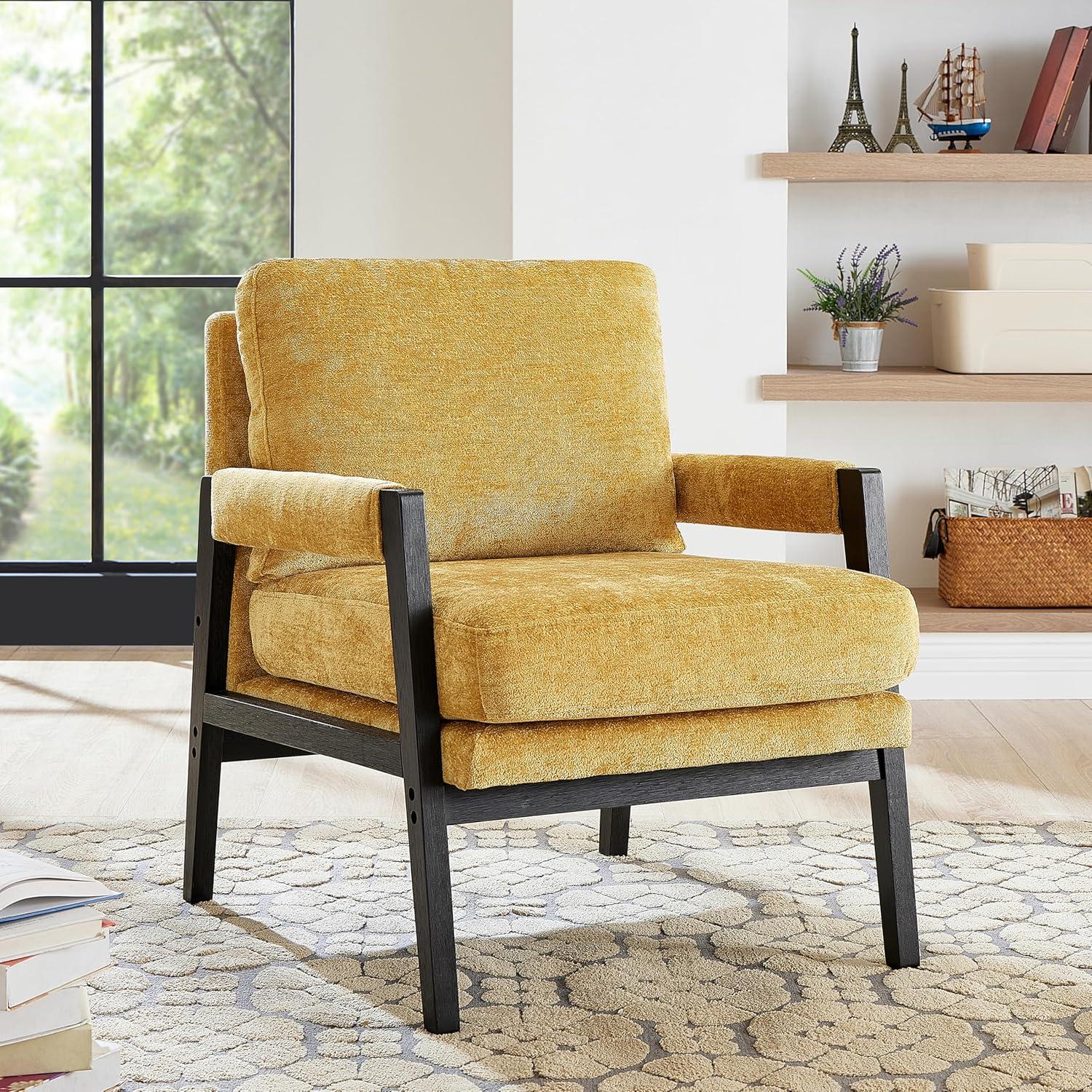 Roundhill Furniture Kelly Mid-Century Modern Chenille Upholstered Accent Armchair Yellow
