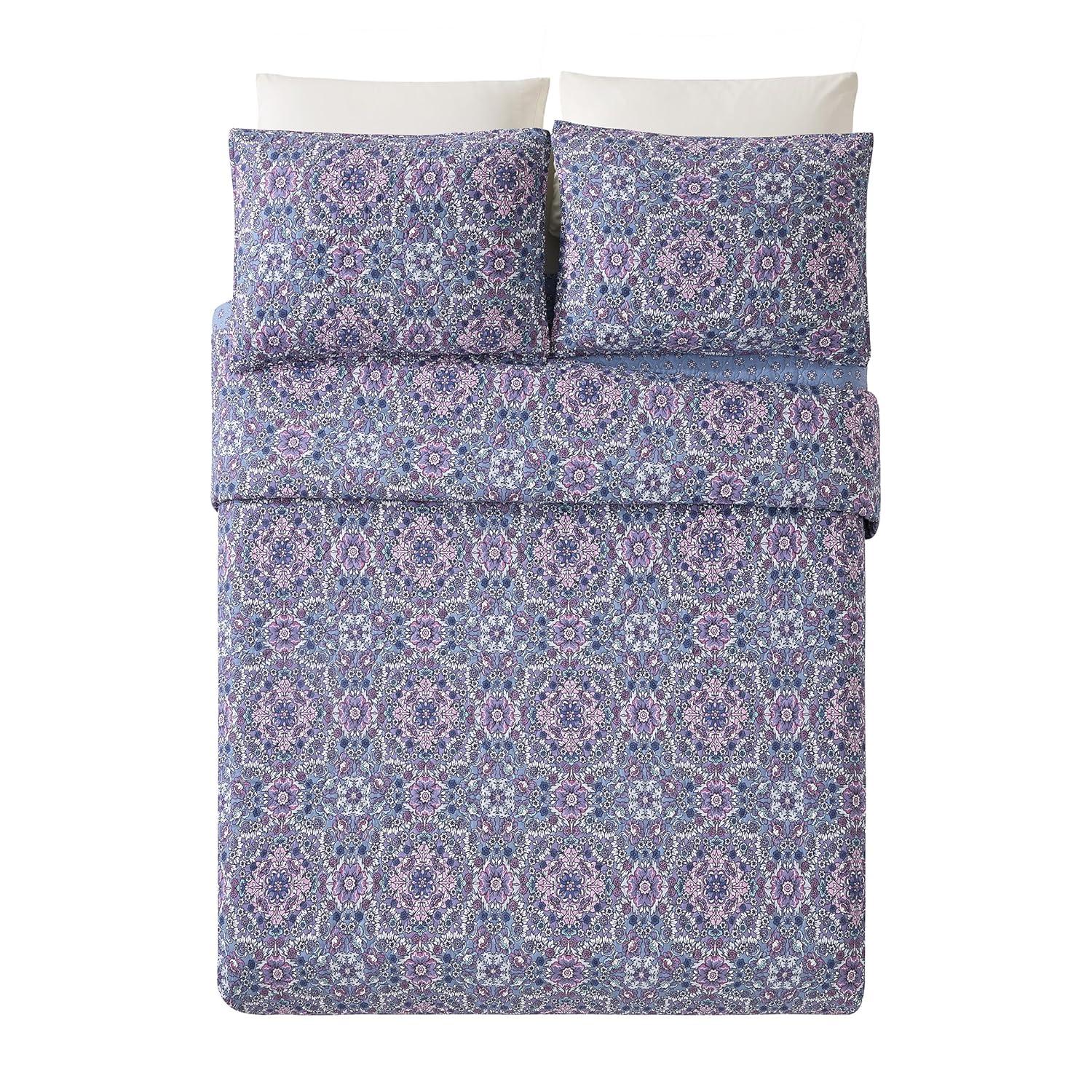 Modern Heirloom Lavender Florals 100% Cotton Reversible Boho Coverlet/Quilt Set