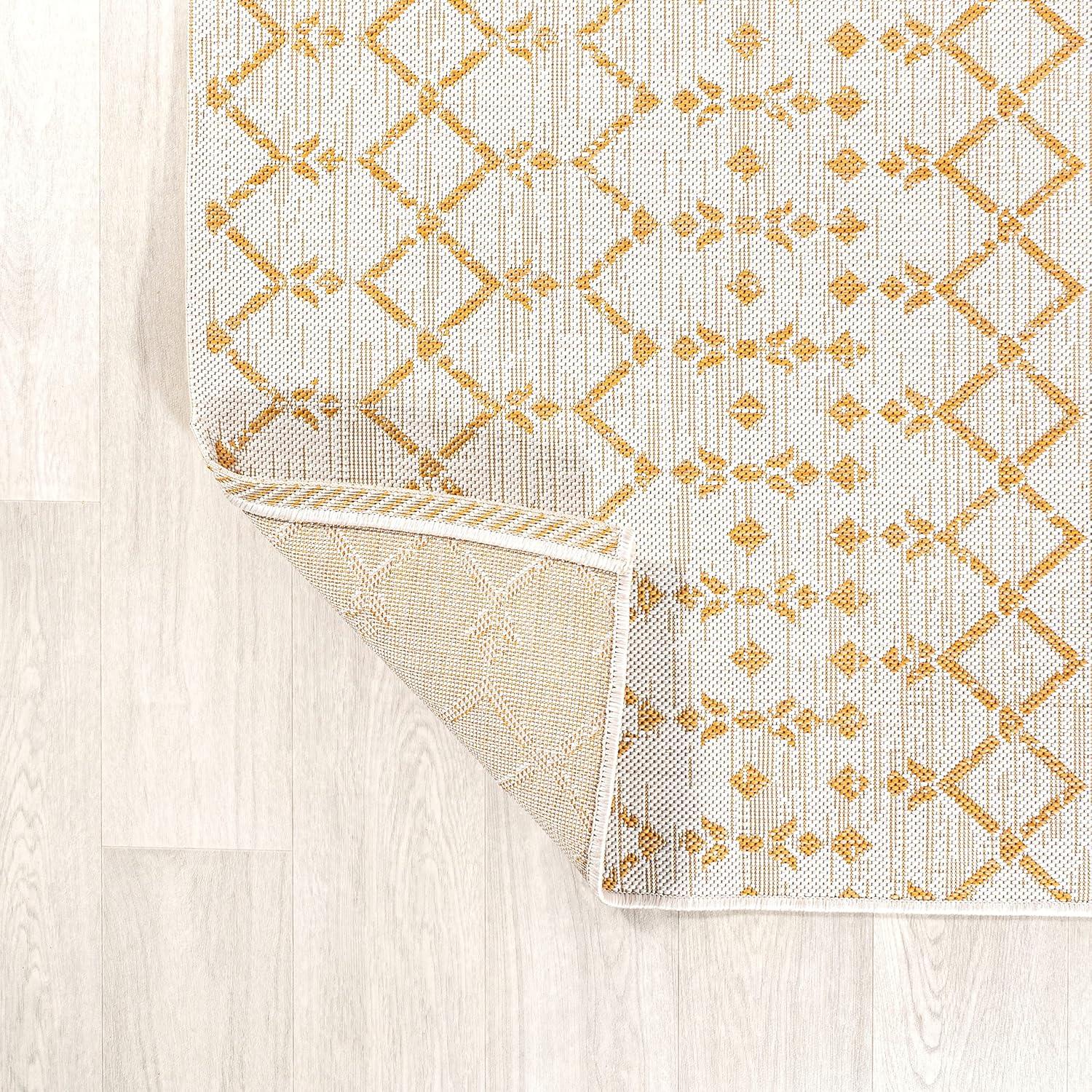 2' x 10' Ourika Moroccan Geometric Textured Weave Indoor/Outdoor Runner Rug, Cream/Yellow - JONATHAN Y