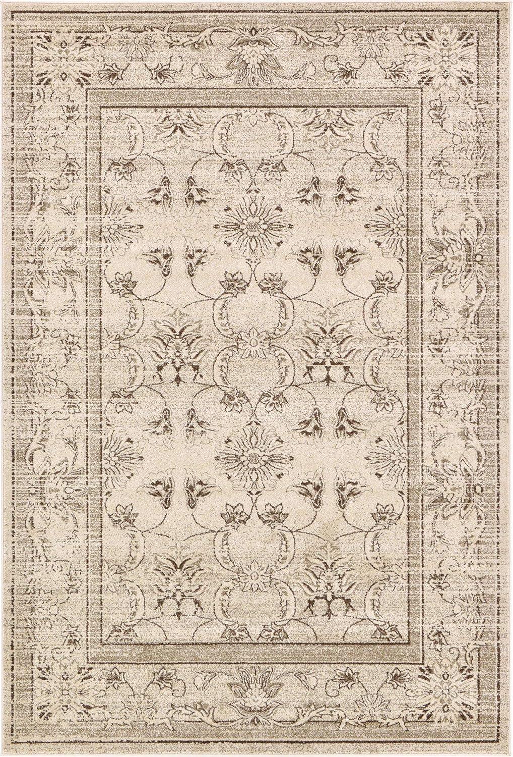 Ivory and Brown Floral Easy-Care Synthetic Area Rug, 6' x 9'