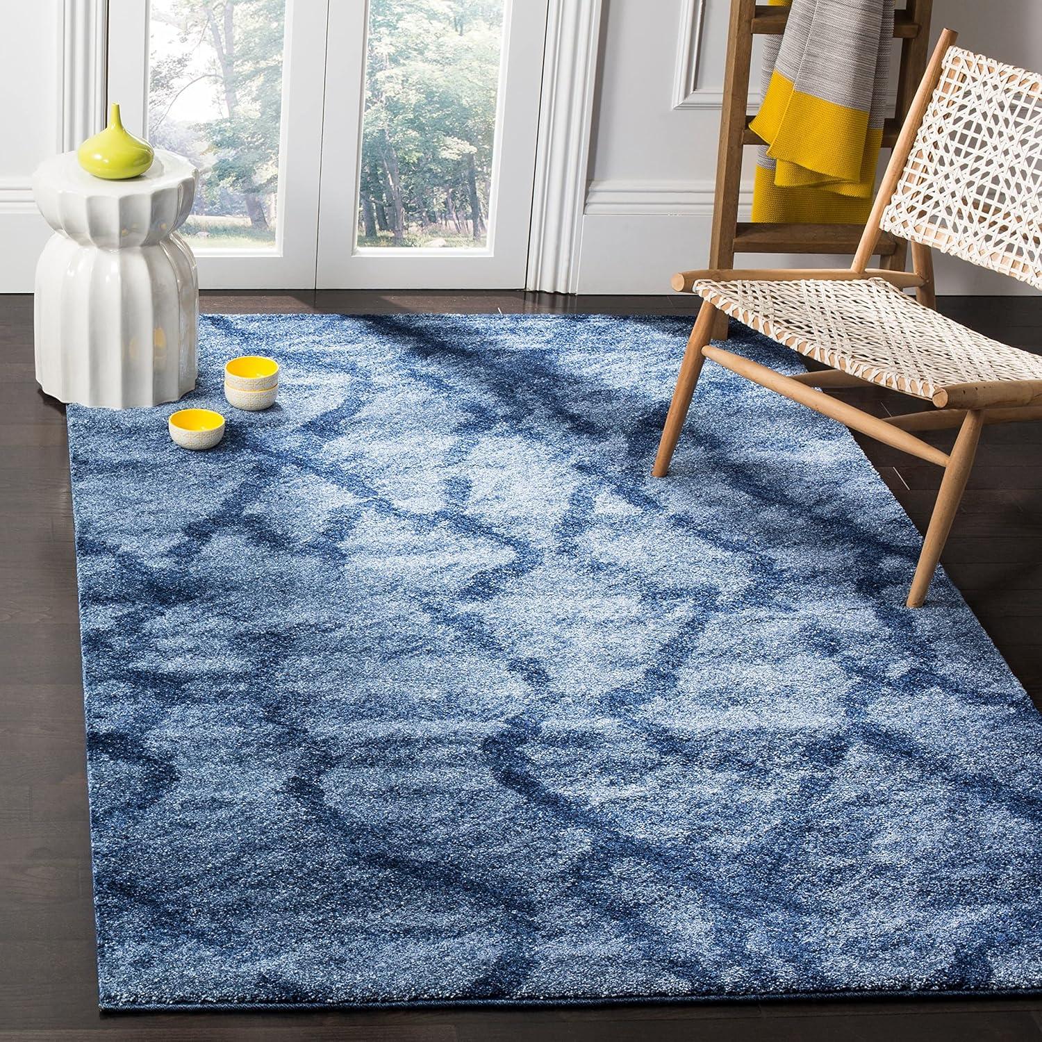 Abstract Blue Square Shag 6' Synthetic Area Rug