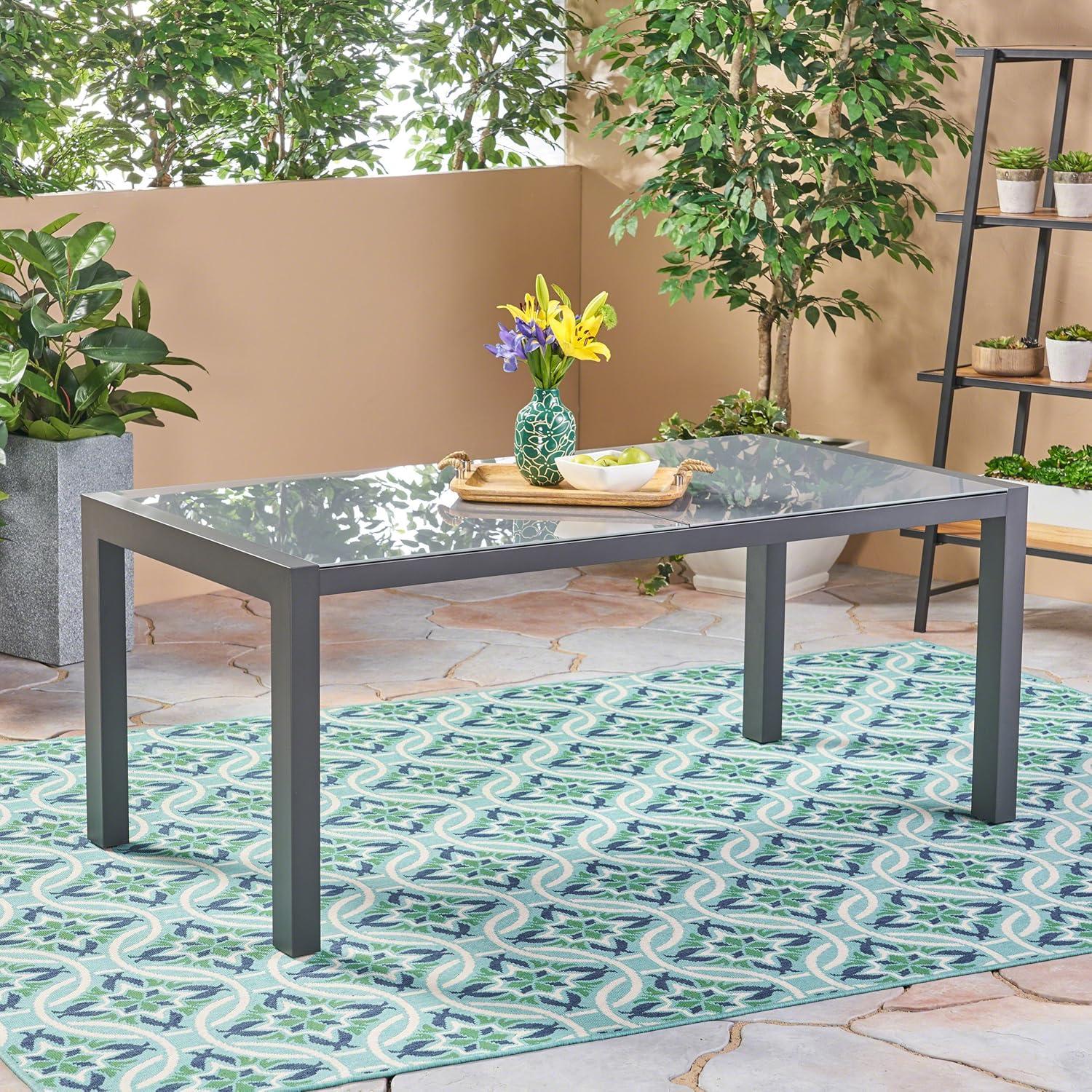 Gray Aluminum Outdoor Dining Table with Tempered Glass Top