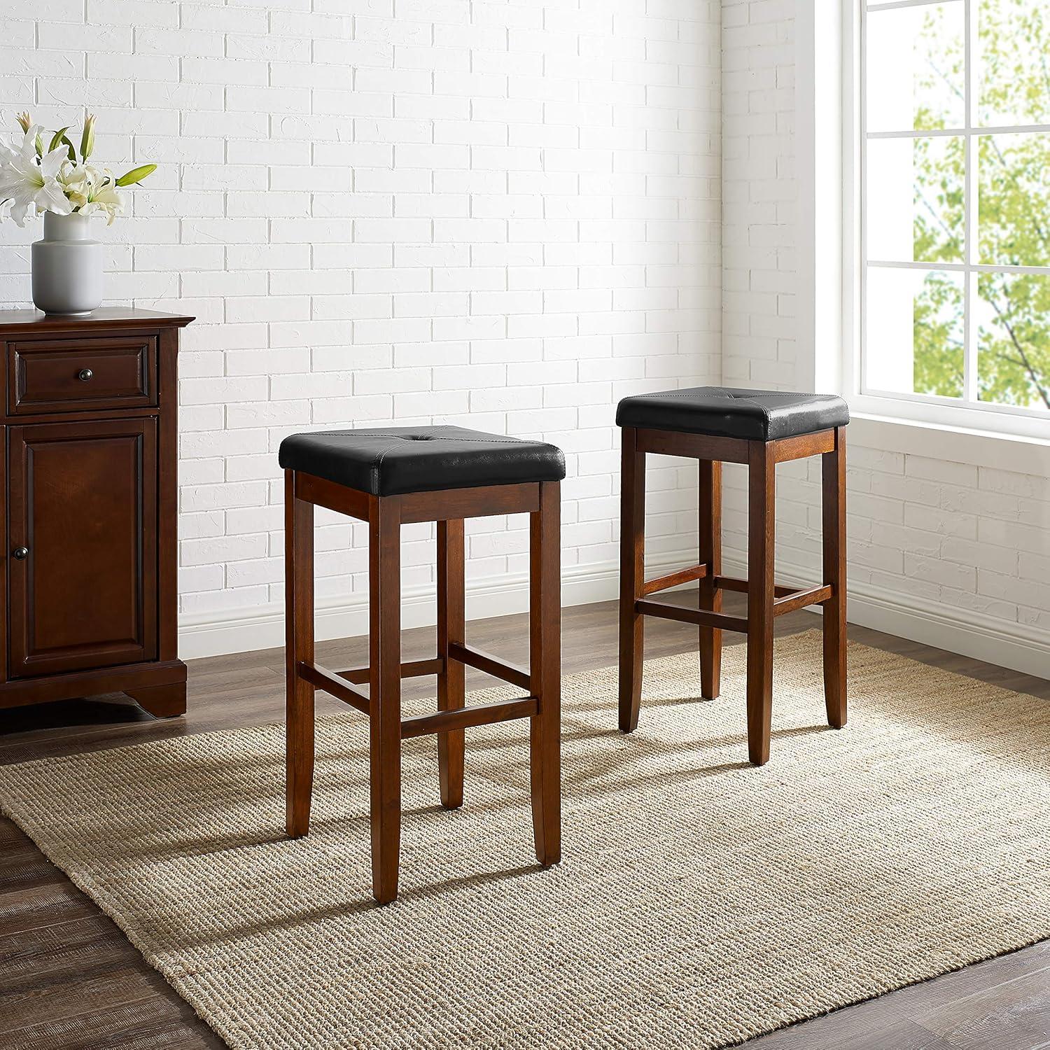 Vintage Mahogany Backless Wood Bar Stools with Leather Seats, 29" Height