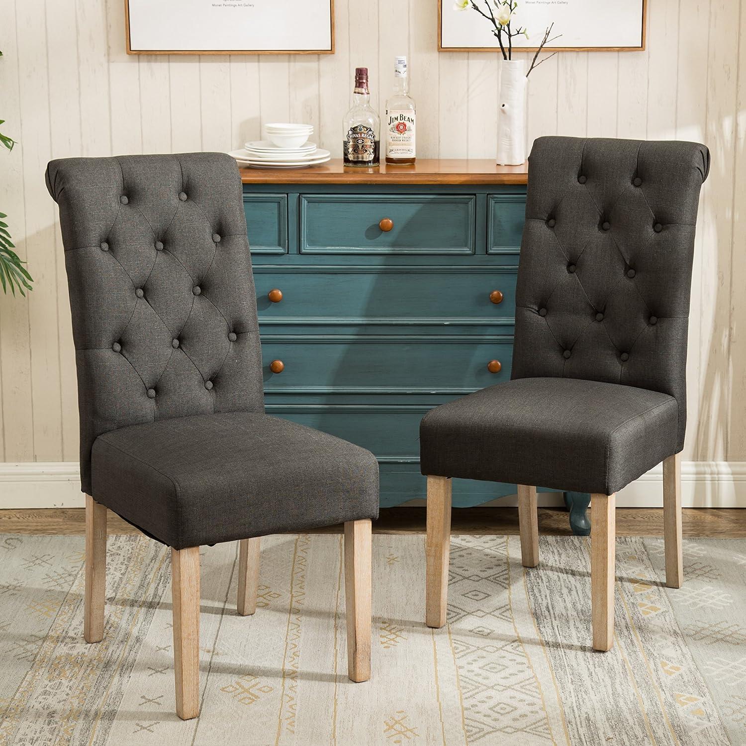 Roundhill Furniture Habit Solid Wood Tufted Parsons Dining Chair, Charcoal, Set of 2
