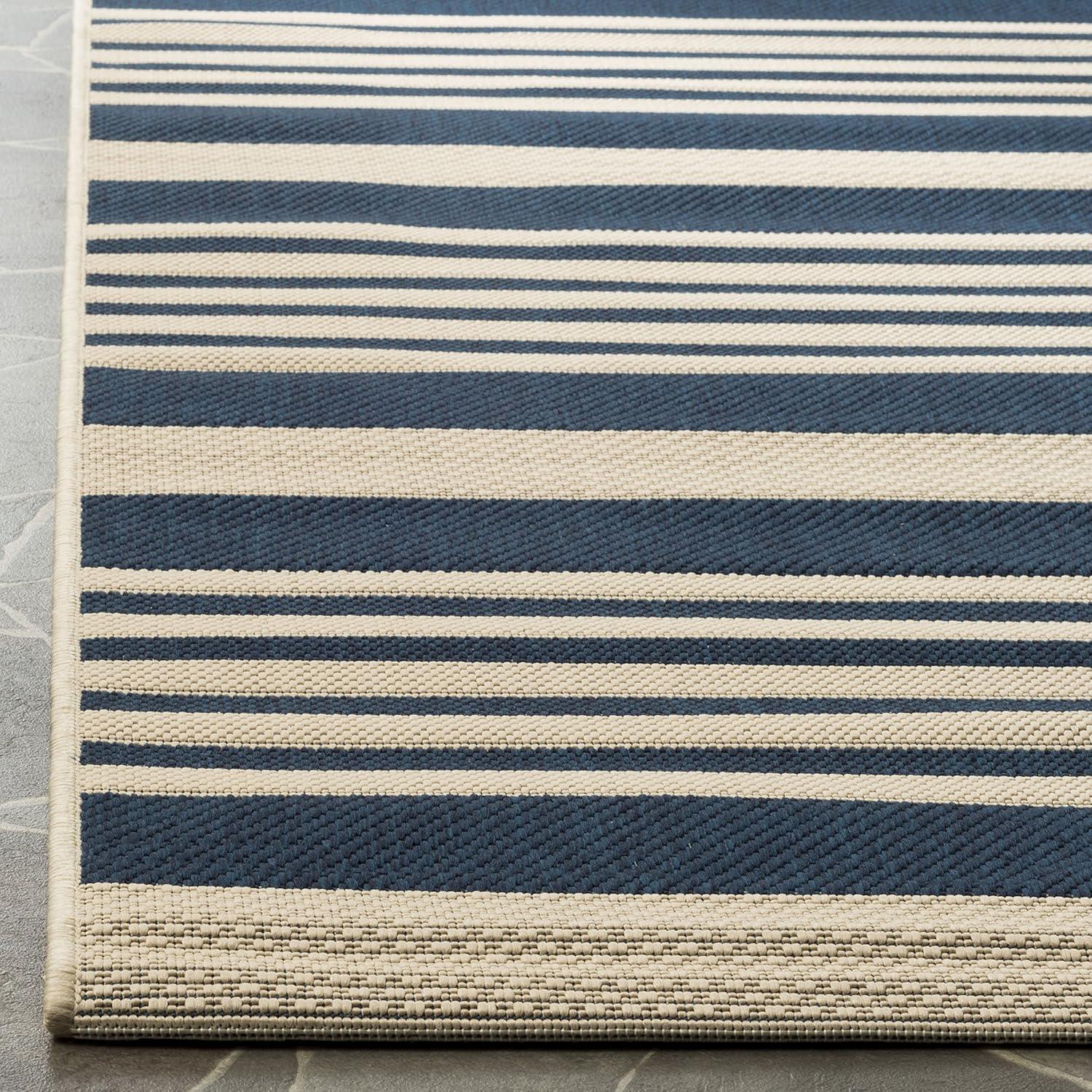 Navy and Beige Striped Synthetic Indoor/Outdoor Area Rug, 5' x 7'