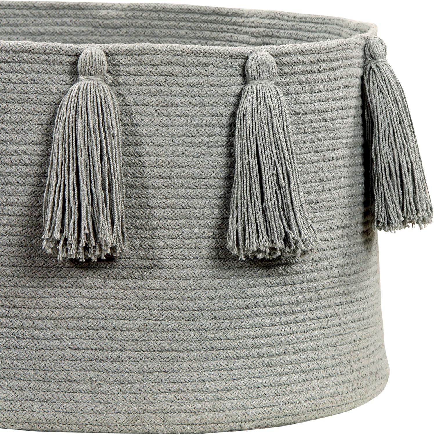 Casual Tassels Light Grey Round Cotton Storage Basket