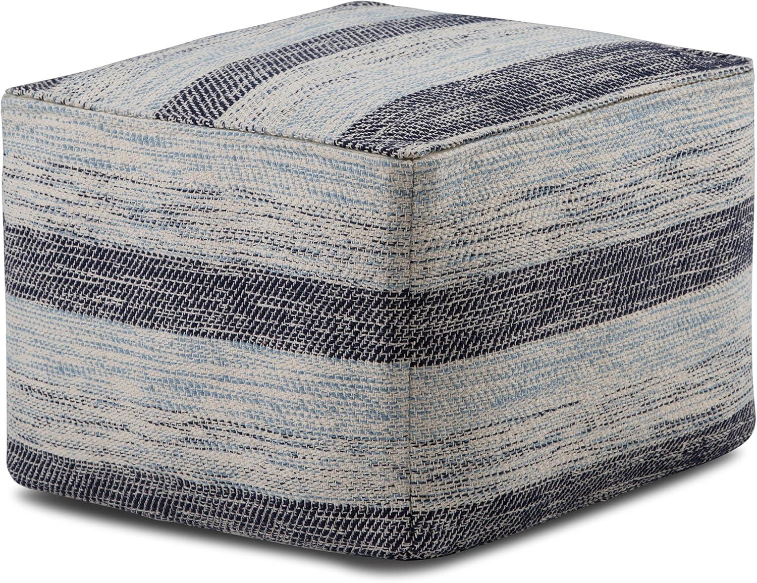 Clay 18 Inch Boho Square Pouf in Patterned Blue Melange Cotton, For the Living Room, Bedroom and Kids Room